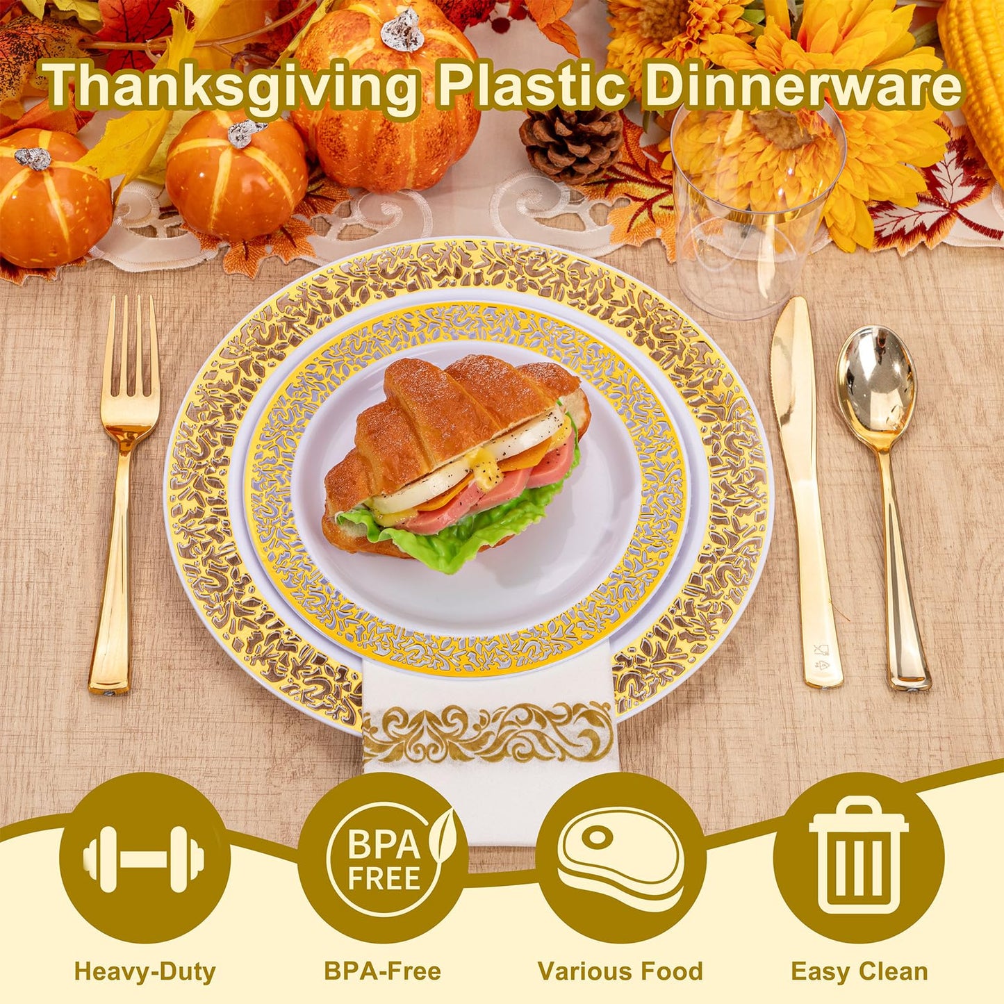 160pcs White Gold Plastic Plates,Gold Plastic Dinnerware Set Christmas Plastic Plates Includes:20 Dinner Plates,20 Dessert Plates,40 Forks,20