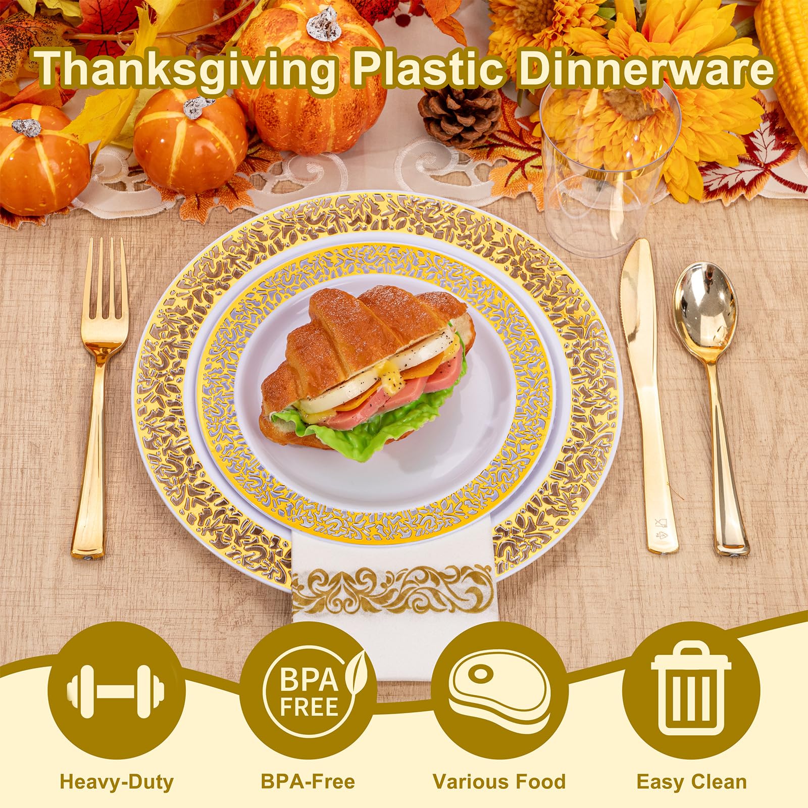 160pcs White Gold Plastic Plates,Gold Plastic Dinnerware Set Christmas Plastic Plates Includes:20 Dinner Plates,20 Dessert Plates,40 Forks,20