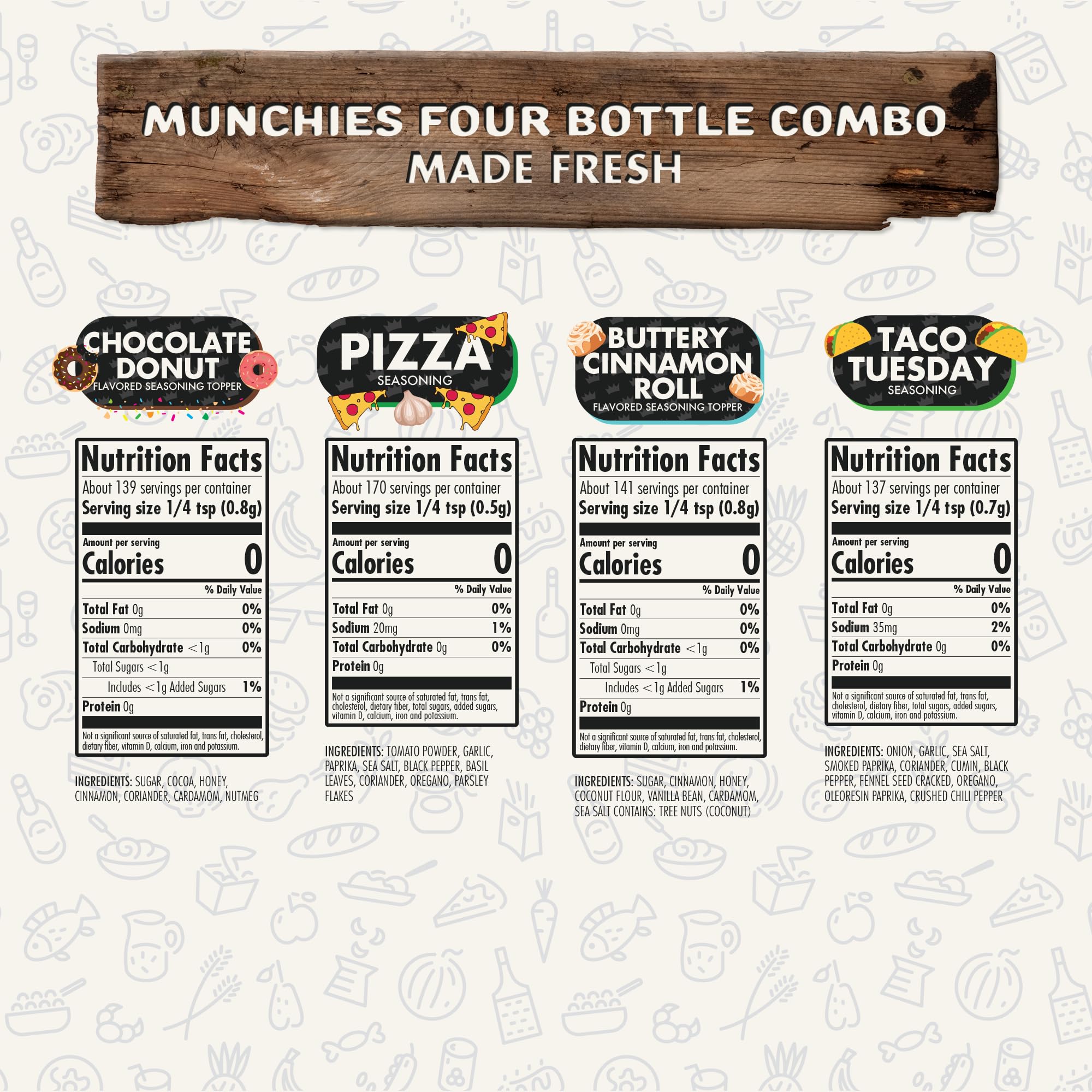 Flavor God Munchies Combo Pack Of 4, Seasoning Gift Set, Taco Tuesday, Pizza, Buttery Cinnamon Roll, Chocolate Donut, Natural Healthy Spice Blend, Low