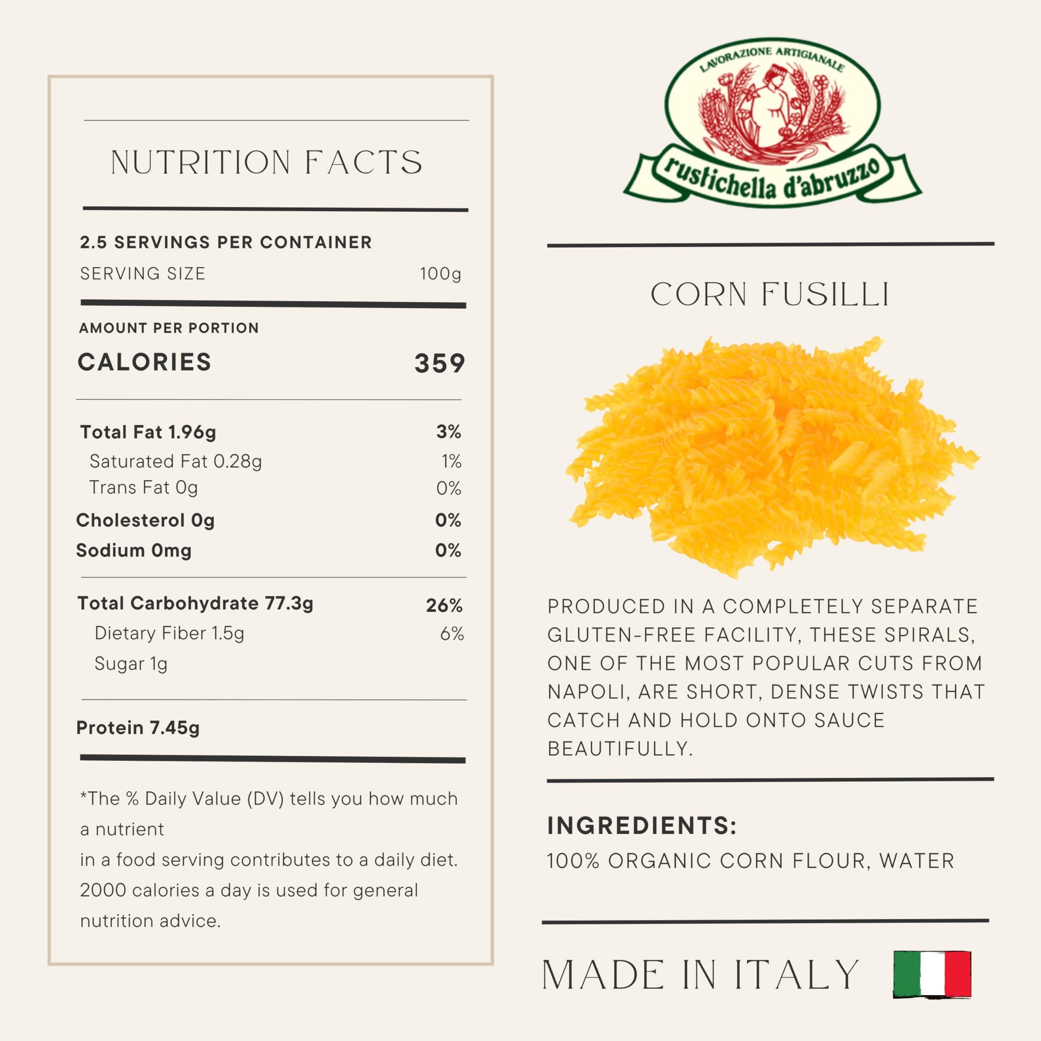 Rustichella d'Abruzzo Organic Corn Fusilli - Gluten-Free Pasta, 250g, Made with Organic Corn Flour, Perfect for Hot & Cold Dishes, Non-GMO, Artisan