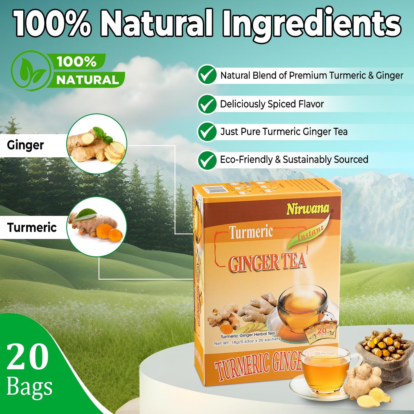 Turmeric Ginger Tea - Warming Herbal Blend with Spices - Soothing & Aromatic Loose Leaf or Tea Bags 20 Sachets