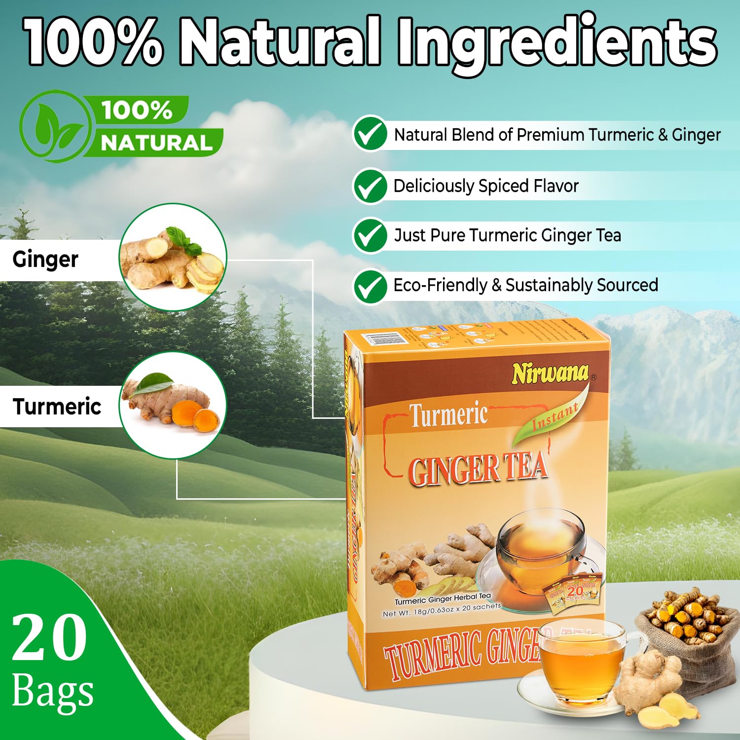 Turmeric Ginger Tea - Warming Herbal Blend with Spices - Soothing & Aromatic Loose Leaf or Tea Bags 20 Sachets