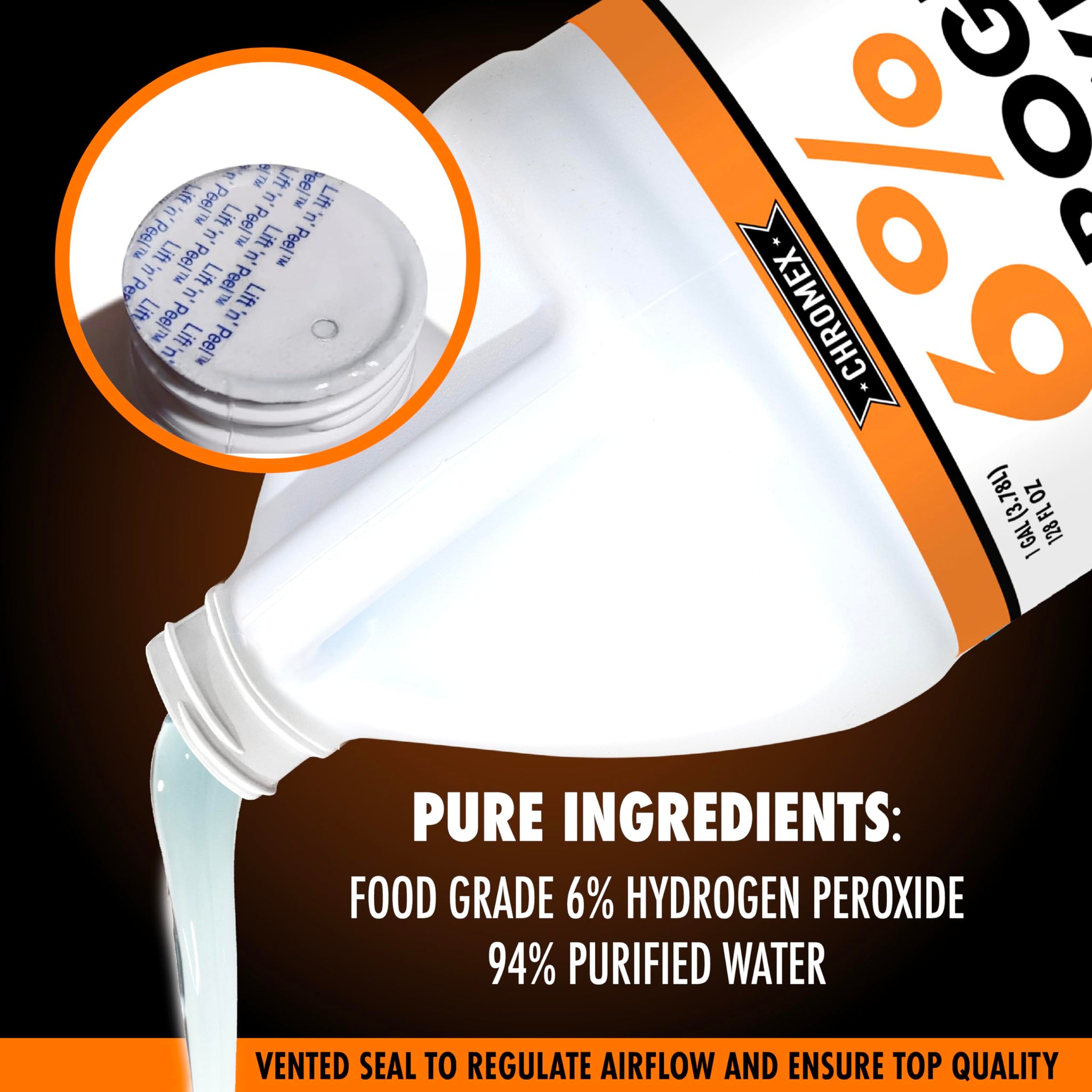 Chromex 6 Percent Hydrogen Peroxide, Food Grade, Home, Kitchen, Bath Cleaner, Laundry, Whitening (128 fl oz (Pack of 1)), NSF Certified