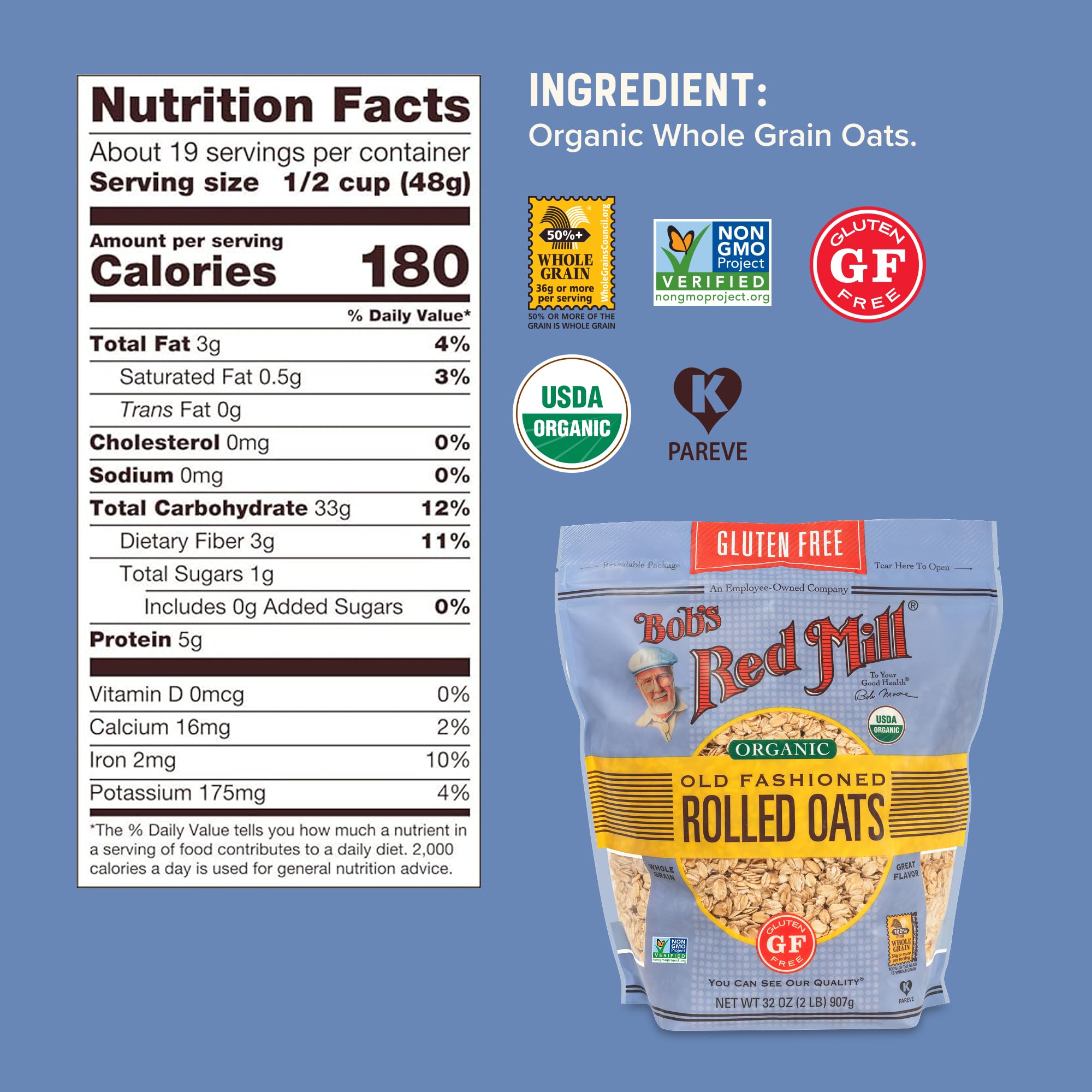 Bob's Red Mill Gluten Free Organic Old Fashioned Rolled Oats, 32oz (Pack of 1) - Non GMO, Whole Grain, Vegan, Kosher