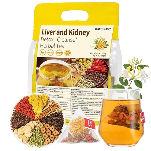 Premium Kidney and Liver Detox Tea - 8 Herbal Blend with Dandelion, Goji Berry, Jujube, Licorice Root & Chrysanthemum - Caffeine & Sugar Free - 20