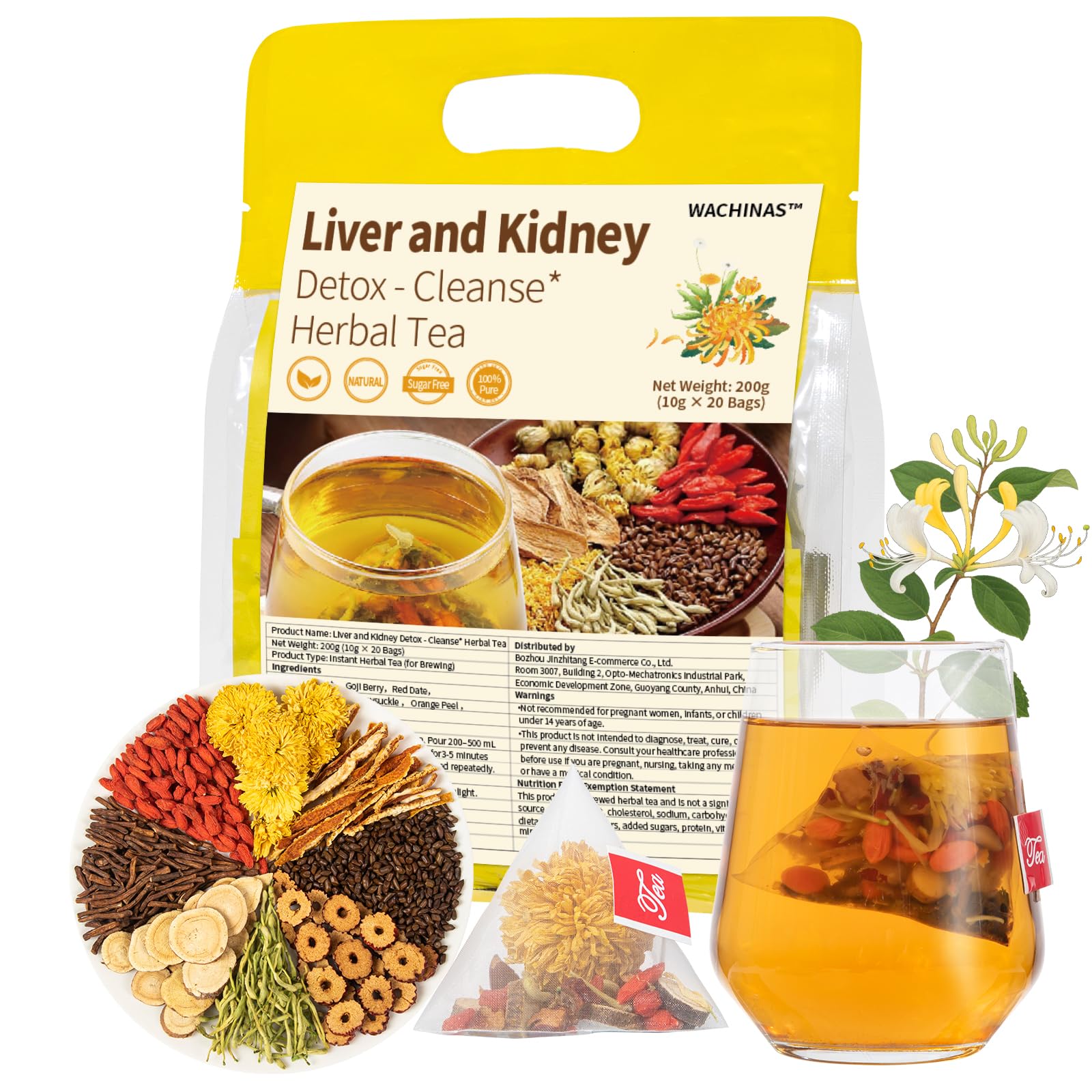 Premium Kidney and Liver Detox Tea - 8 Herbal Blend with Dandelion, Goji Berry, Jujube, Licorice Root & Chrysanthemum - Caffeine & Sugar Free - 20