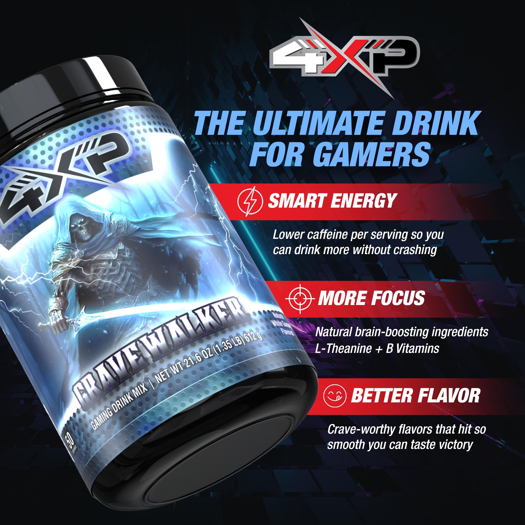 4XP Gravewalker White Gummy Gaming Energy Drink Mix| Low-Caffeine Nootropic Powder with B Vitamins & White Gummy Flavor for Gamers | 50-Serving