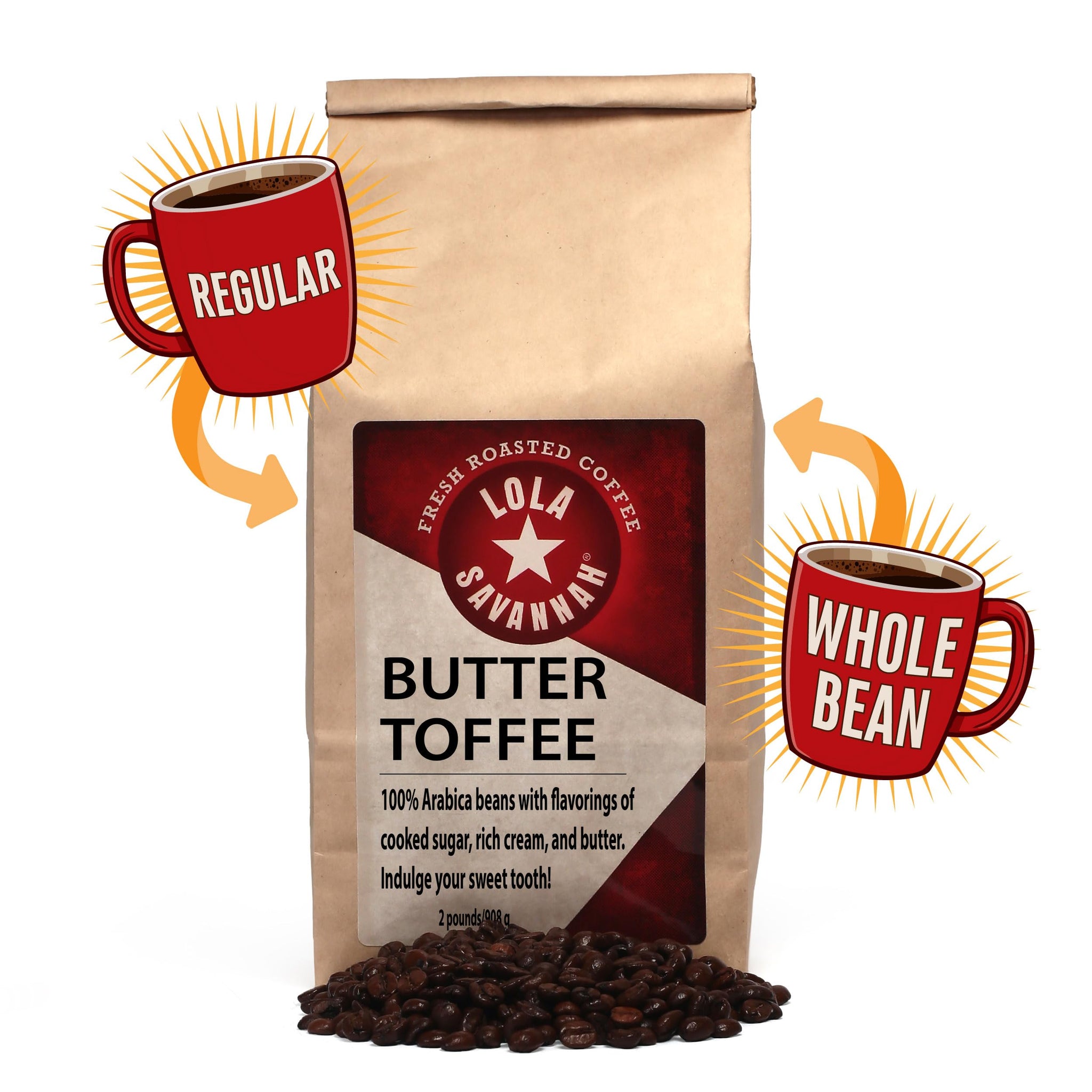 Lola Savannah Butter Toffee Whole Bean Caffeinated Coffee, 2lb
