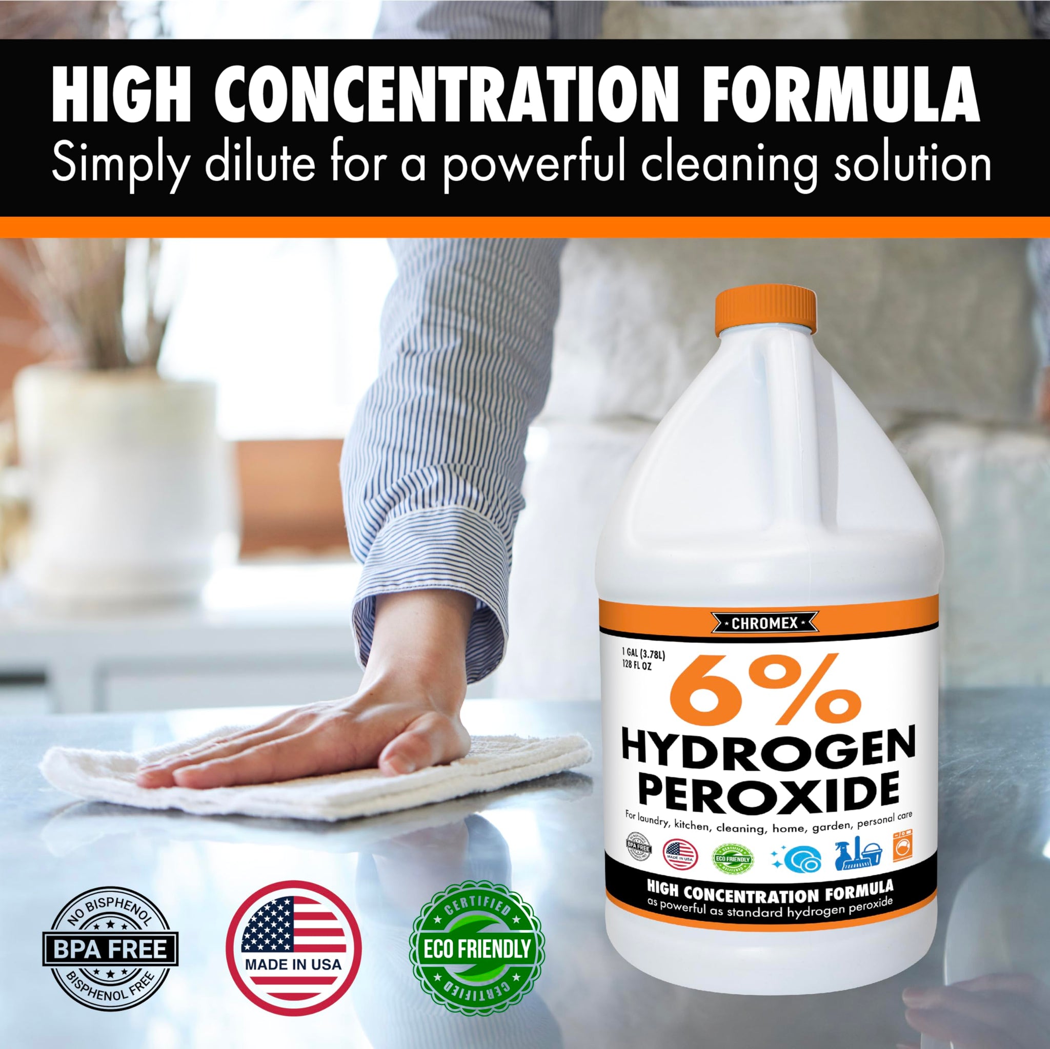 Chromex 6 Percent Hydrogen Peroxide, Food Grade, Home, Kitchen, Bath Cleaner, Laundry, Whitening (128 fl oz (Pack of 1)), NSF Certified