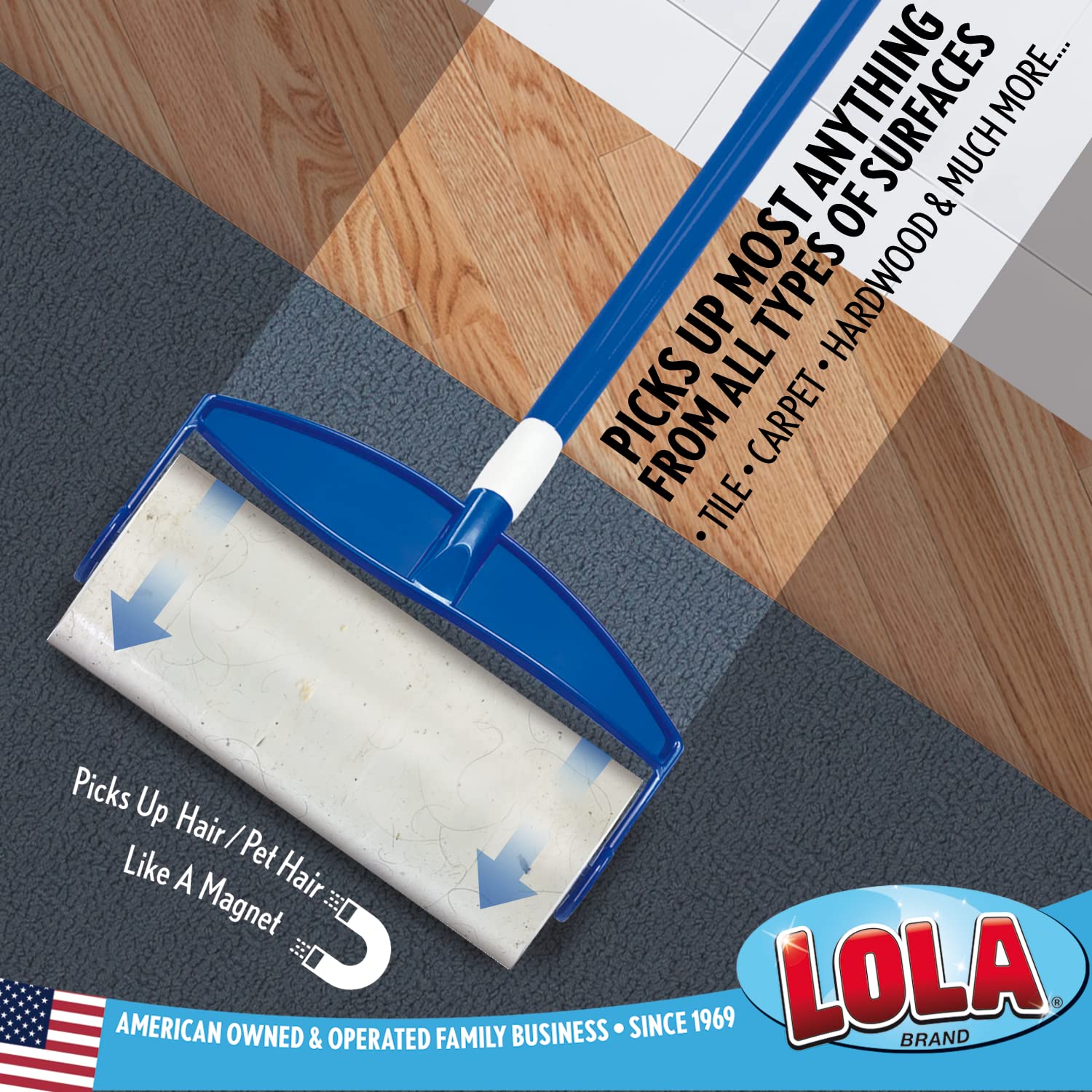 LOLA Rola PET Hair Remover Sticky Mop, Giant Floor Lint Roller, 9" x 3.5", Extender Handle, Largest Head, Traps Hair, Dust, Dirt, Extra Sticky Sheets