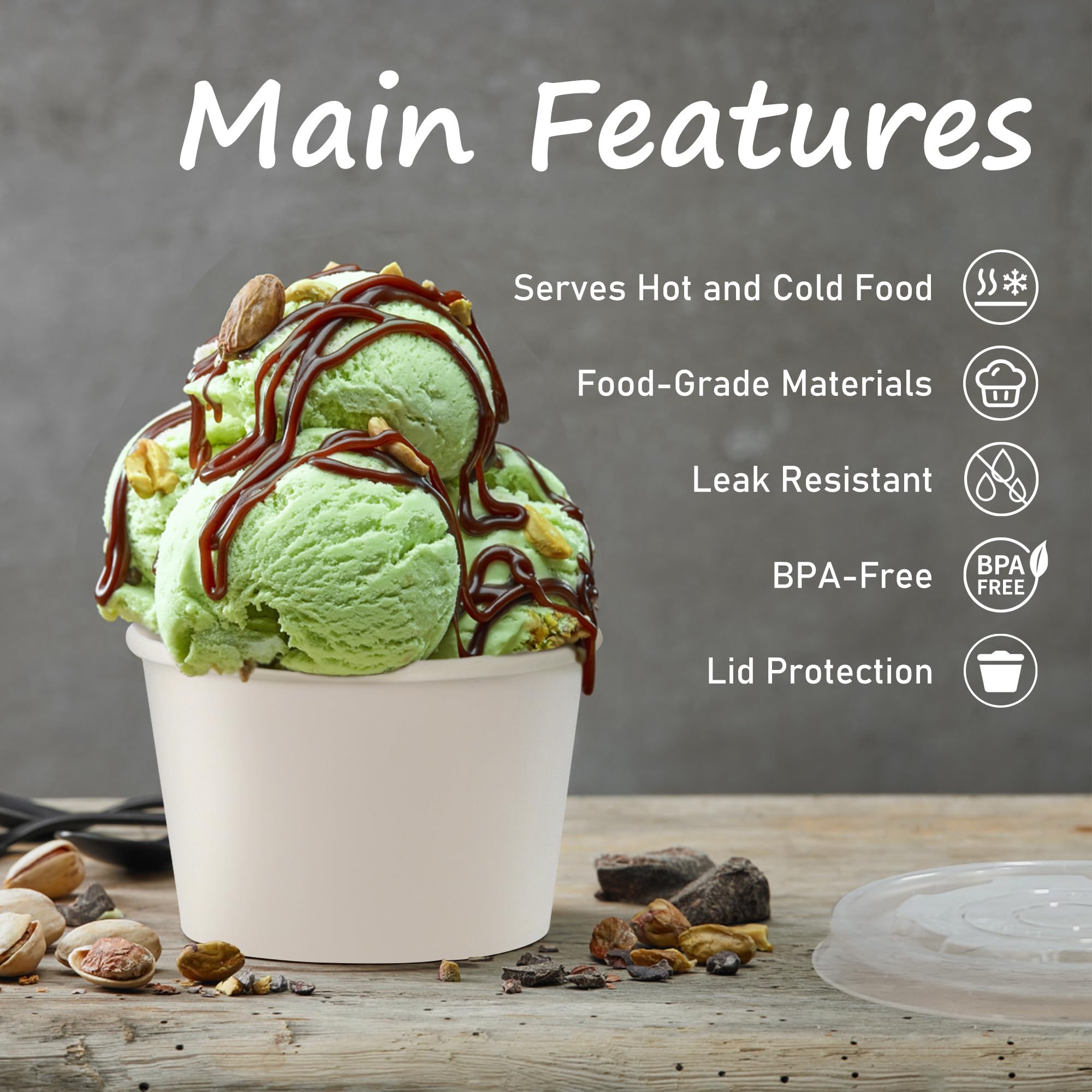 ESSENTIAL Paper Ice Cream Cups with Lids, 120pcs 8oz Disposable Dessert Bowls with Lids for Hot or Cold Food, Paper Snack Containers for Sundae