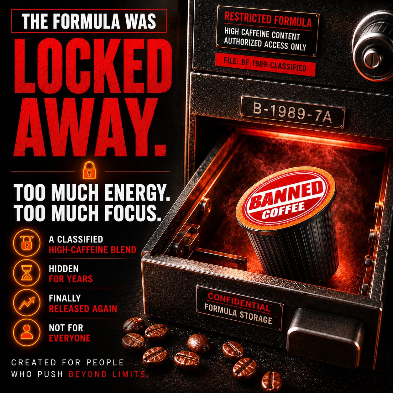 Banned Coffee ™ Strongest High Caffeine Coffee Pods for Keurig ® Brewers - Extra Strong Medium Dark Roast K-Cups - Bold Flavor, Smooth Finish - 12