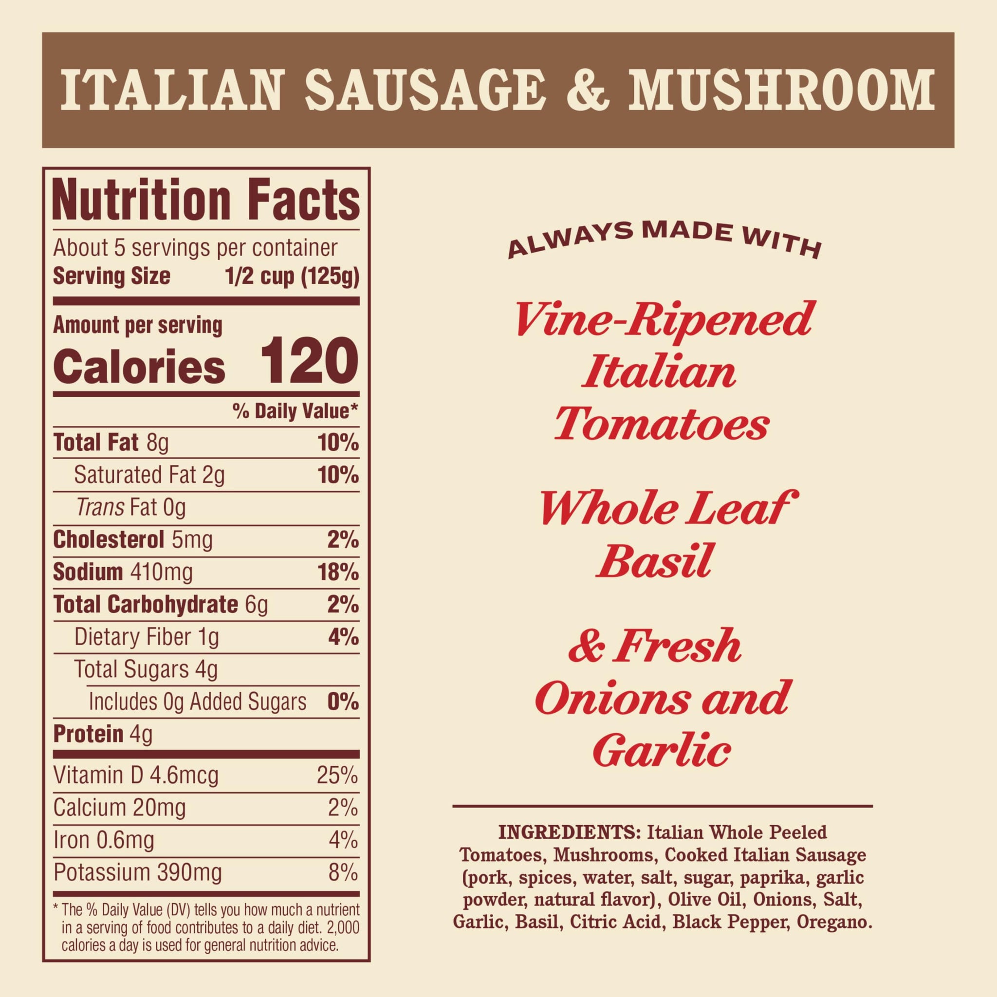 Rao's Homemade Sausage & Mushroom Sauce Made with Italian Tomatoes, 24 oz