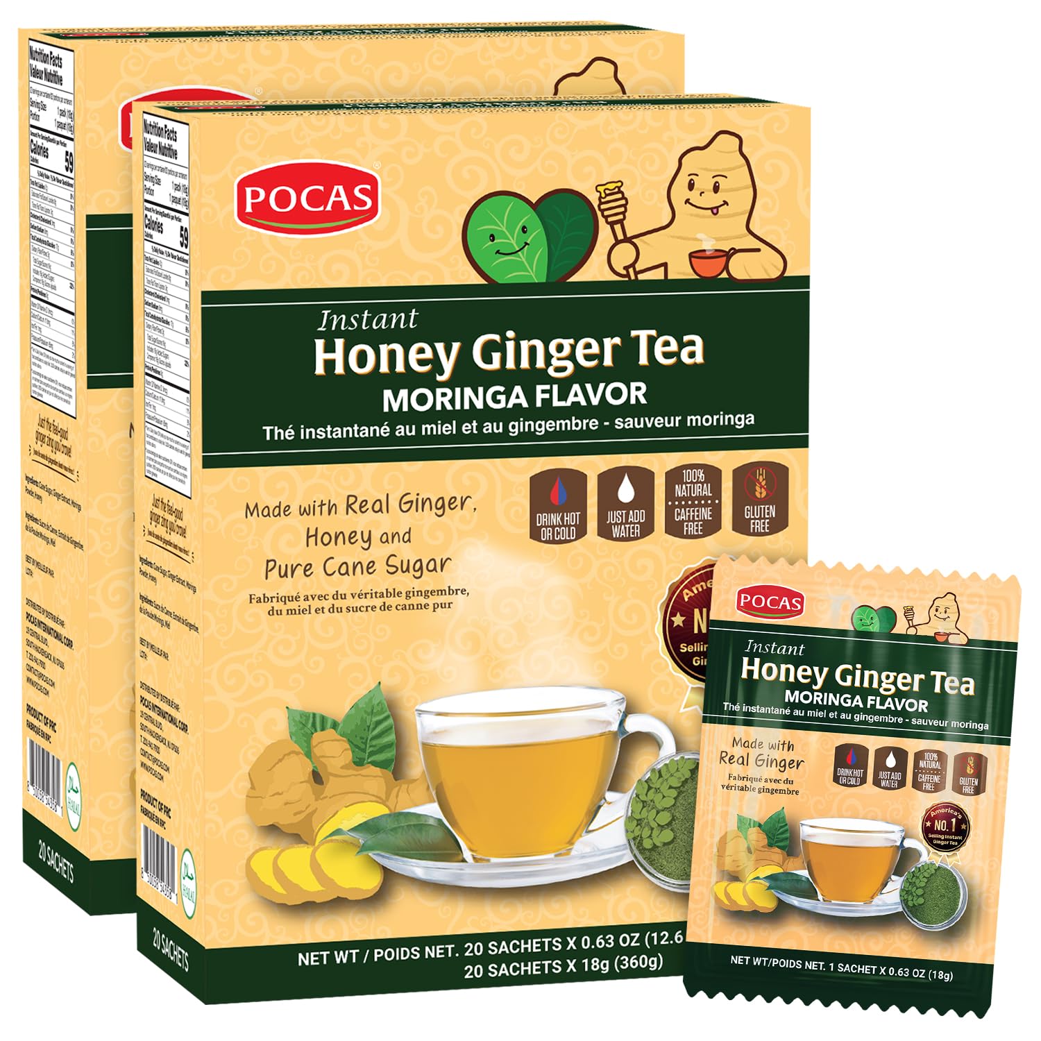 Pocas Honey Ginger Tea, Moringa Flavor, 2-Pack - Instant Tea Powder Packets with Real Ginger, Honey, and Pure Cane Sugar, Caffeine Free, 20 Count Ea