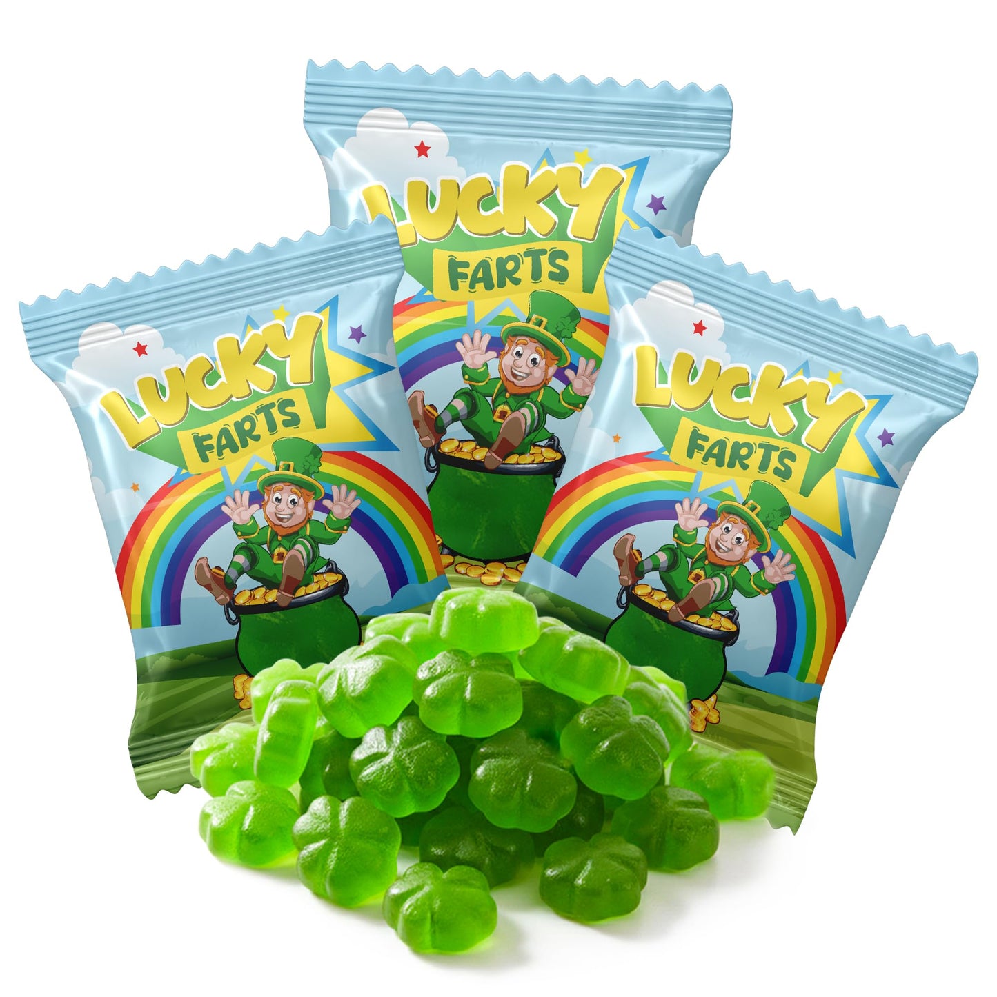 4E's Novelty 30 Packs St. Patricks Day Lucky Farts Shamrock Gummies - 30 Individually Wrapped Bags (5 Pieces Each) Green Gummy Funny St Patricks Day