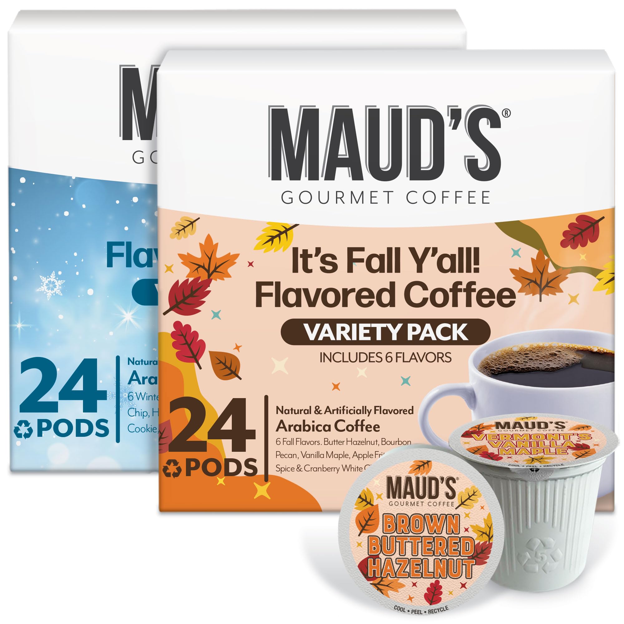 Maud’s Holiday & Fall Flavored Coffee Pods Variety Pack Bundle, 48ct, 11 Assorted Seasonal Flavors, Medium Roast Coffee in Single Serve Pods 100%