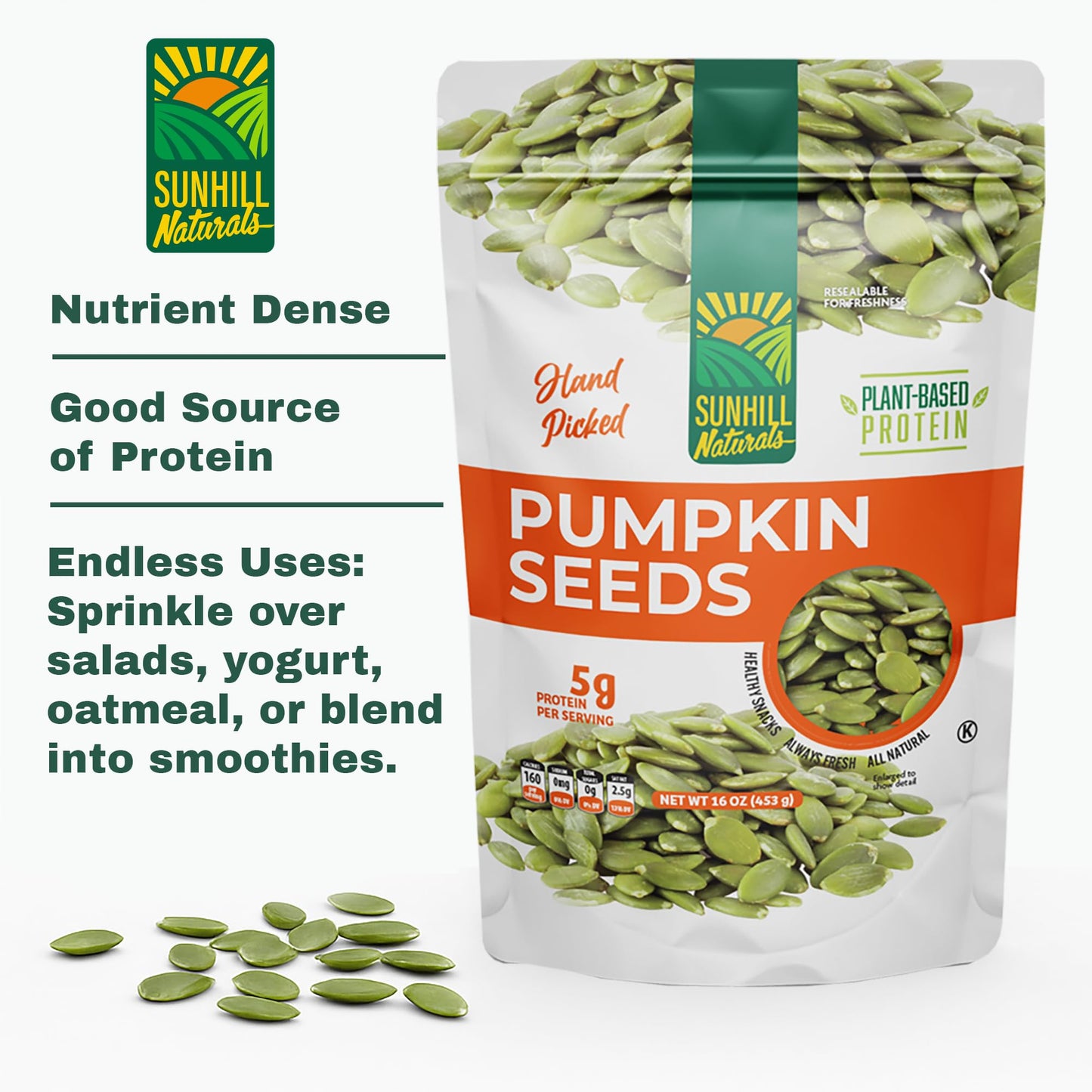 Sunhill Naturals Raw Pumpkin Seeds | Heart-Healthy Pumpkin Seed Snack Bag | Low Carb Seeds for Snacking | Keto Snacks for Adults and Kids