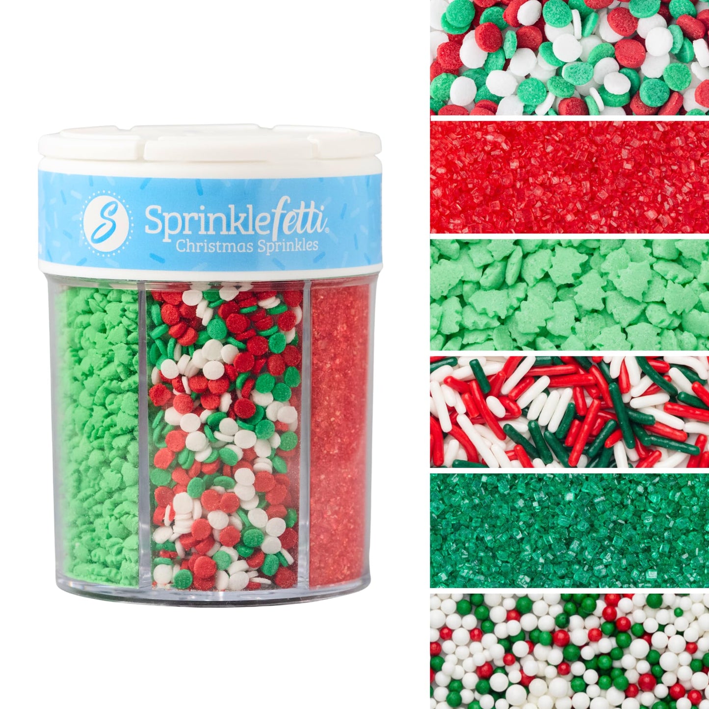Sweets Indeed Christmas Sprinkles Mix - 6-Cell Holiday Assortment 6.45 oz | Edible Jimmies, Nonpareils & Sugar Pearls for Decorating Christmas