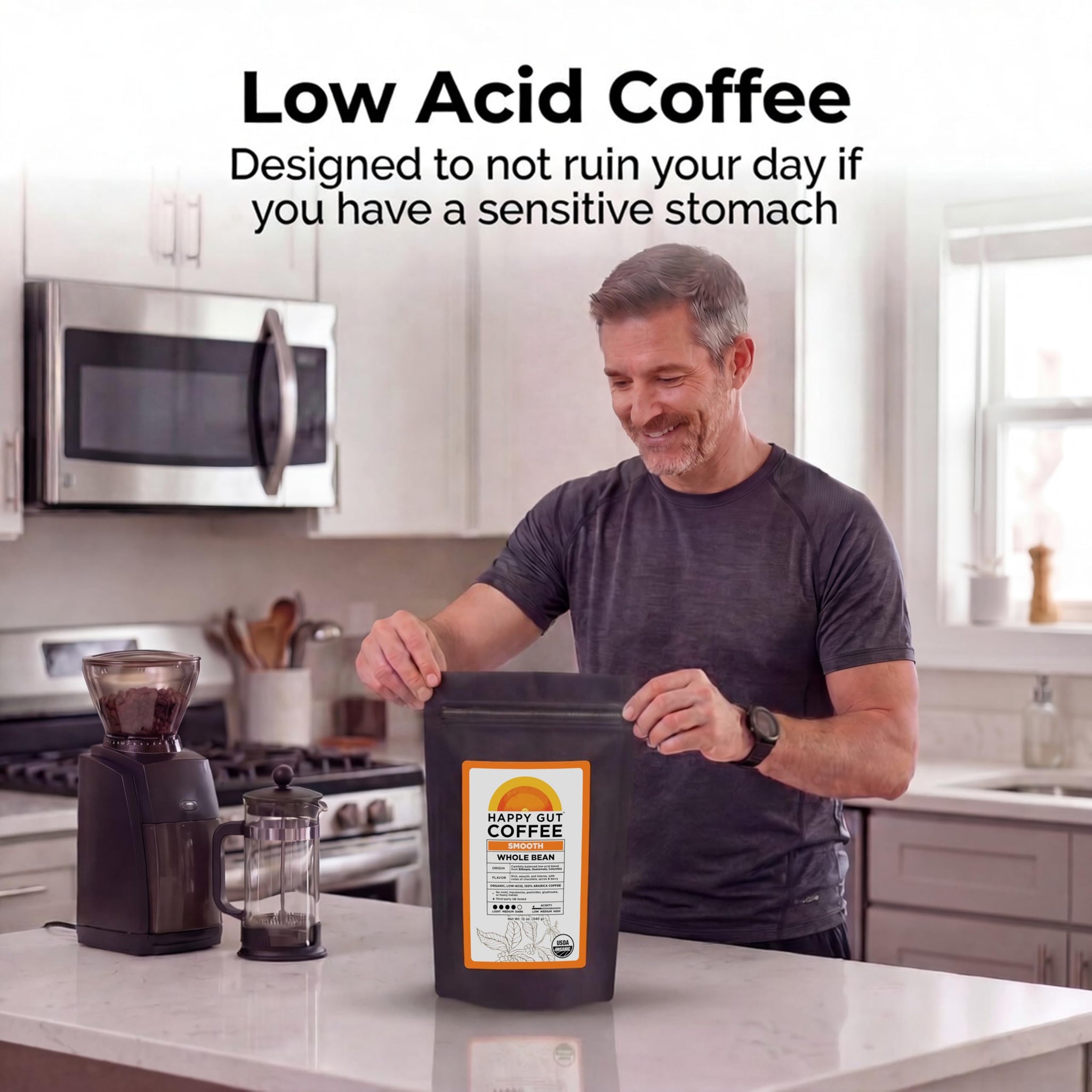 Happy Gut Coffee - Doctor-Formulated, Organic Medium-to-Dark Roast Coffee - Gut-Friendly - Gentle on Stomach - Rich Flavor, Gluten-Free, No Bitterness