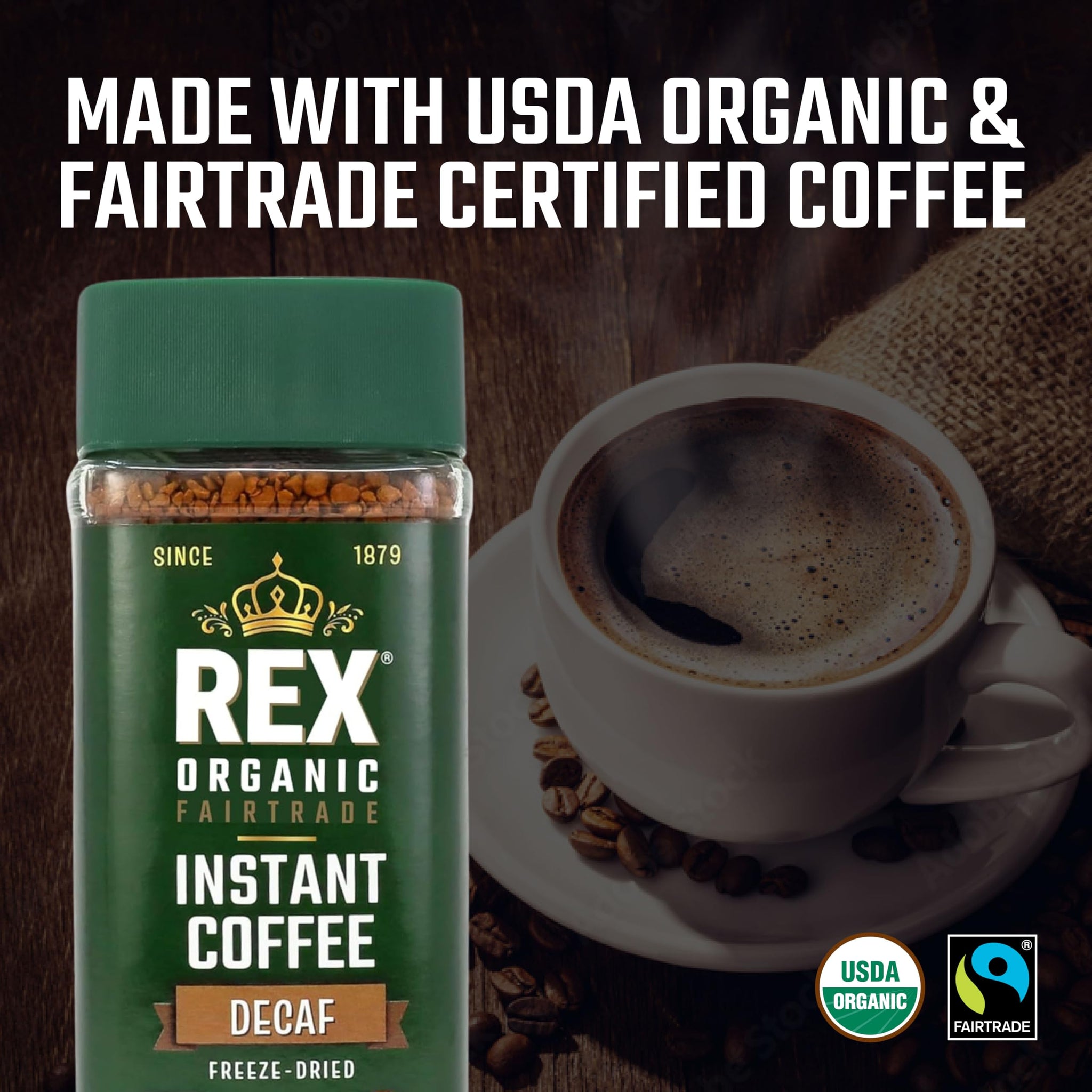 Rex Coffee Organic Fairtrade Natural Decaf Freeze-Dried Instant Coffee - Naturally Decaffeinated Arabica, 3.53 oz Glass Jar - Lab Tested for Mold