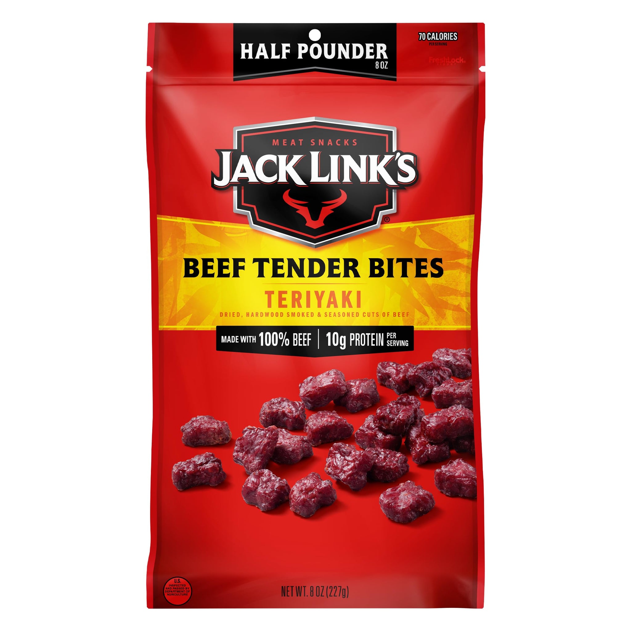 Jack Link's Beef Tender Bites, Teriyaki, Half Pounder Bag - Flavorful Meat Protein Snacks for Lunches, 10g of Protein and 70 Calories per Serving