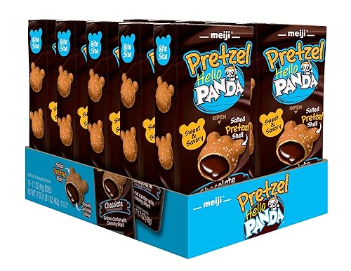 MEIJI Hello Panda Pretzel Cookies, Chocolate Crème Filled - 1.7oz, Pack of 10 - Crunchy Pretzel Shell with Smooth Delicious Crème