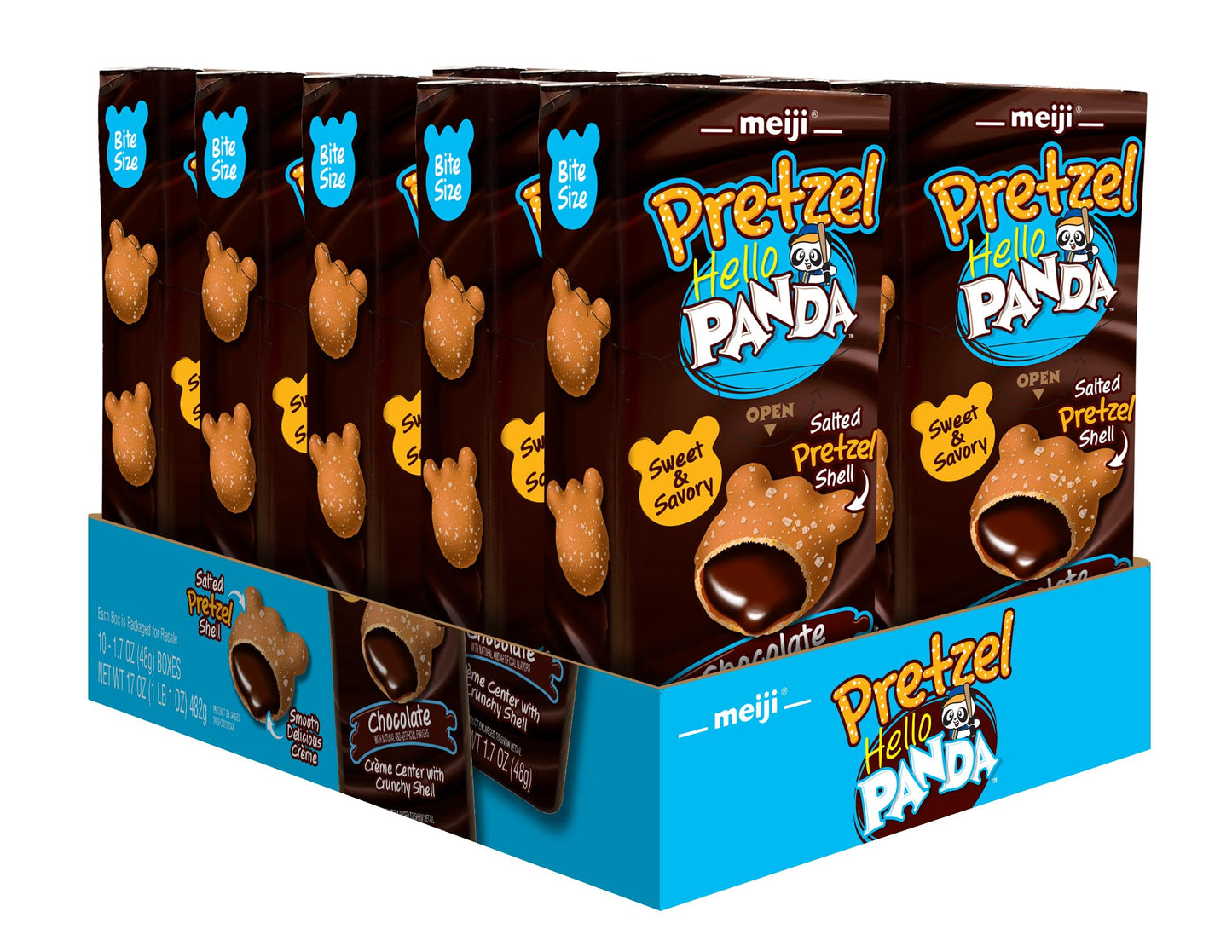 MEIJI Hello Panda Pretzel Cookies, Chocolate Crème Filled - 1.7oz, Pack of 10 - Crunchy Pretzel Shell with Smooth Delicious Crème