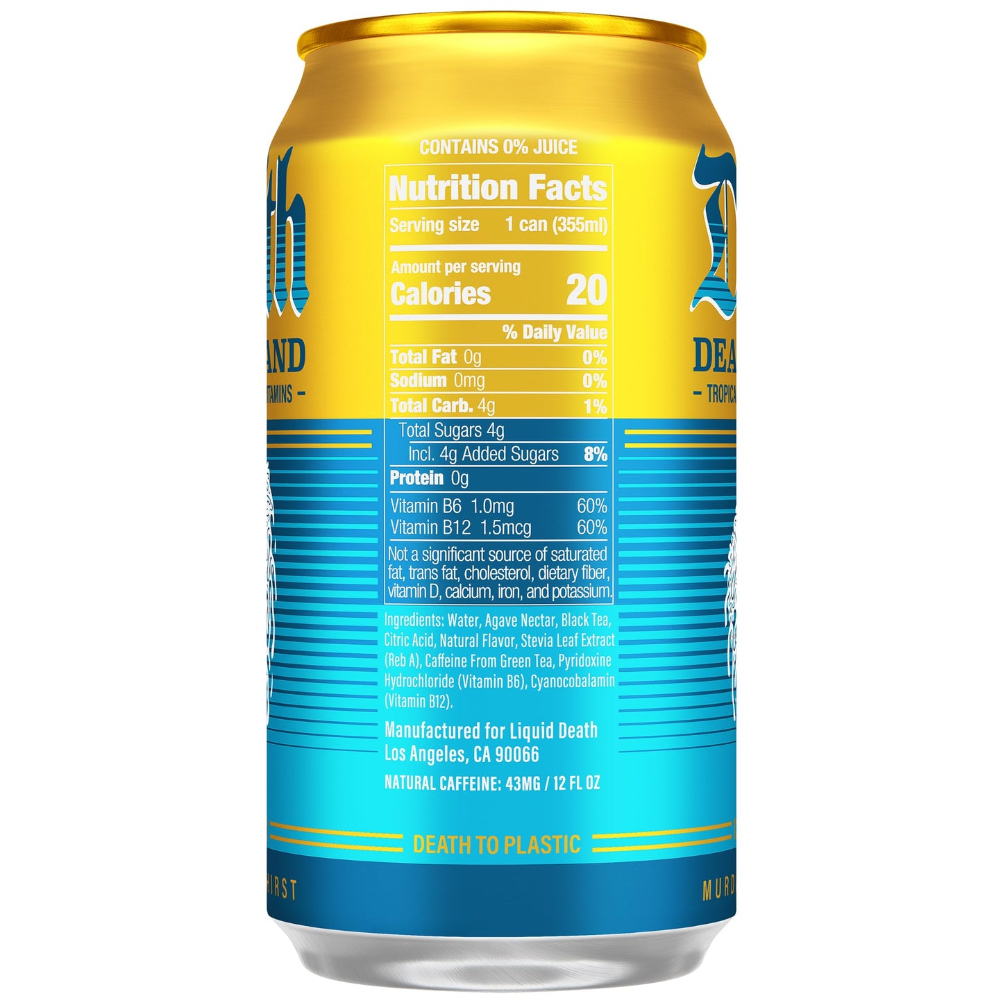 Liquid Death Iced Tea - Death Island (Tropical-Flavored Black Tea), Less Sugar*, Boost of Caffeine, B Vitamins, No Artificial Sweeteners, 12 Fl Oz