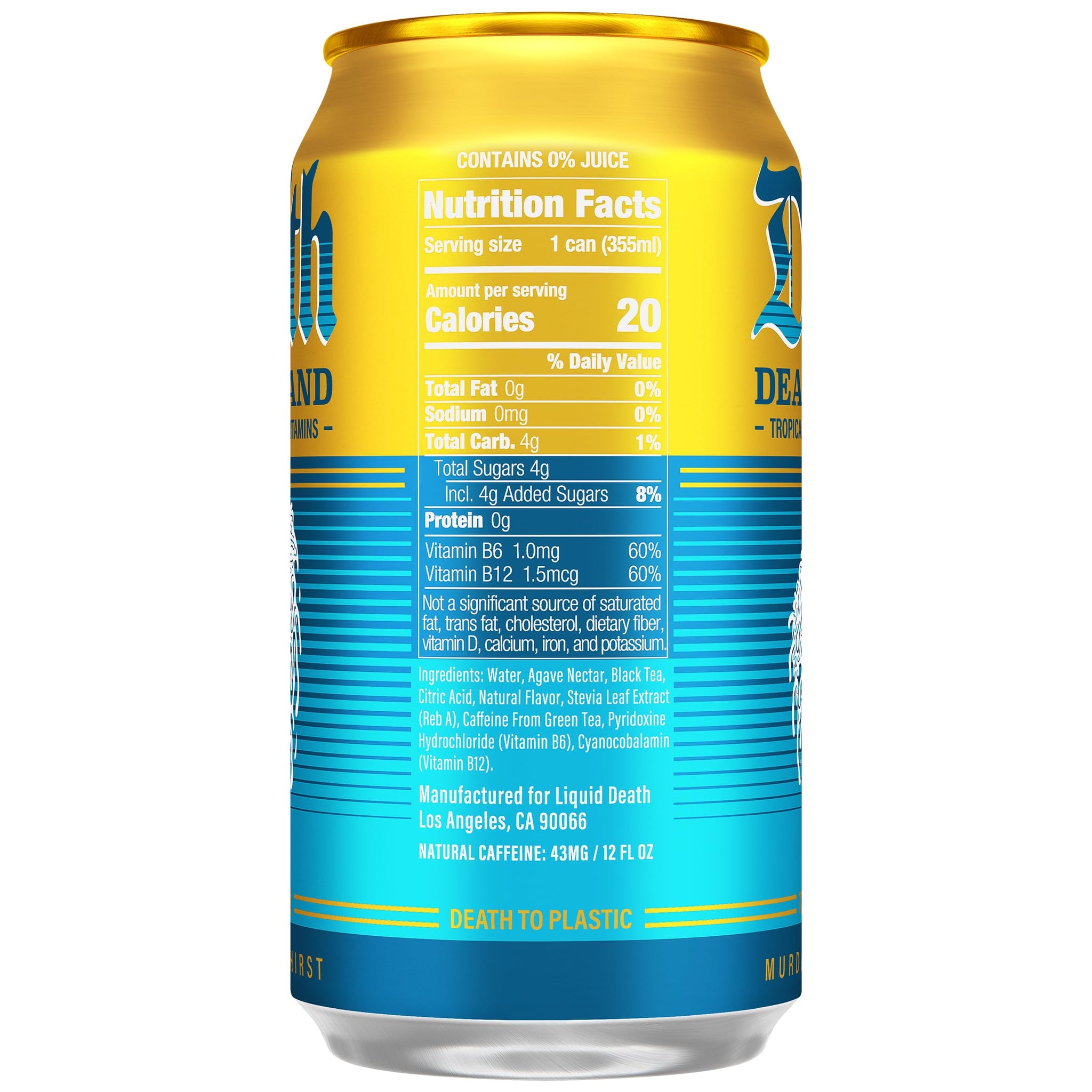 Liquid Death Iced Tea - Death Island (Tropical-Flavored Black Tea), Less Sugar*, Boost of Caffeine, B Vitamins, No Artificial Sweeteners, 12 Fl Oz