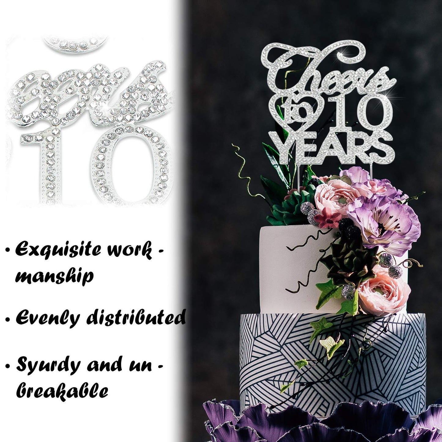 Bling Crystal Cheers To 10 Years Cake Topper - Best Keepsake 10th Birthday Or Anniversary Decor Party Decorations Silver