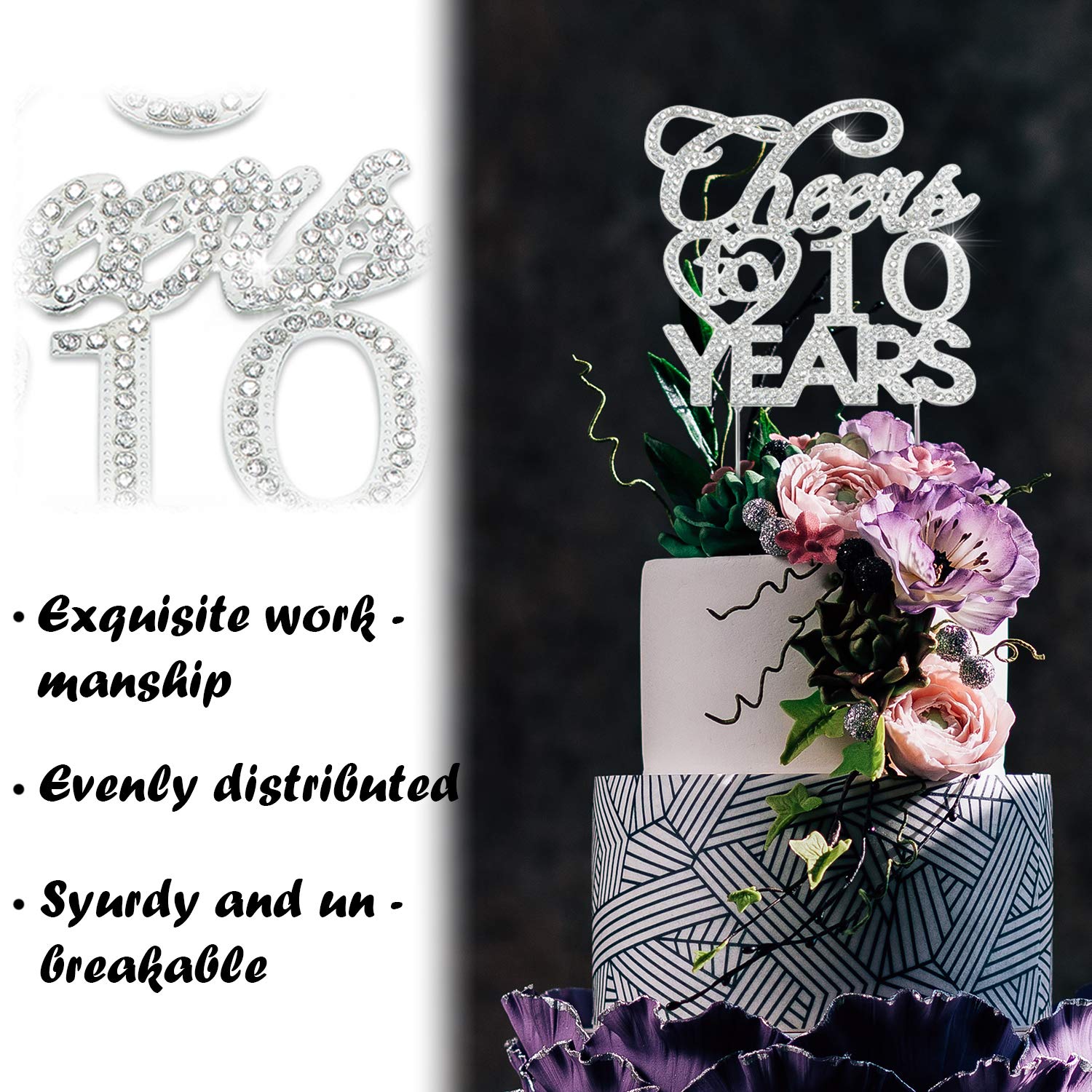 Bling Crystal Cheers To 10 Years Cake Topper - Best Keepsake 10th Birthday Or Anniversary Decor Party Decorations Silver