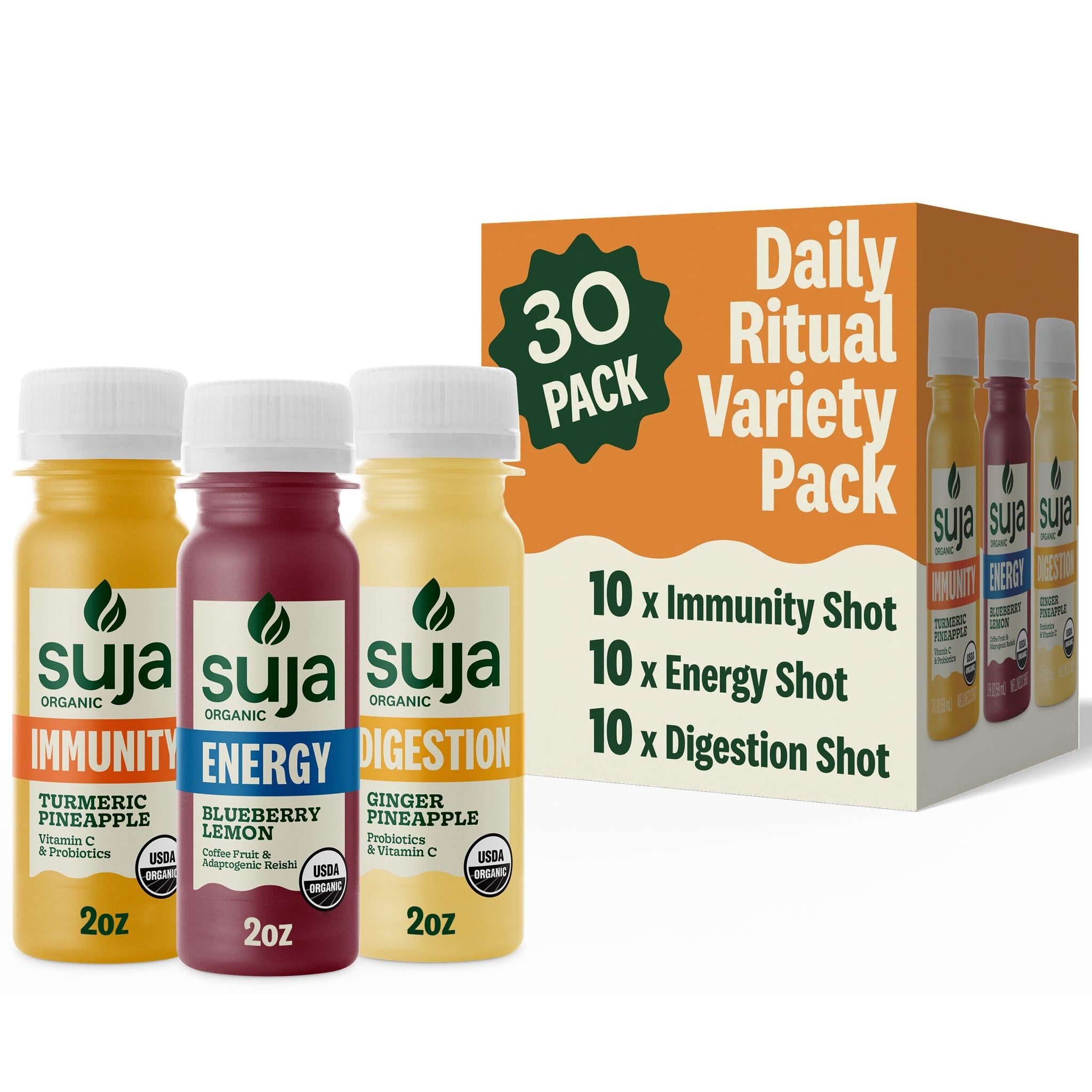 Suja Organic Daily Ritual Shot 30 Count Variety Pack | Immunity, Energy, & Digestion Functional Shots | Cold-Pressed Juice with Live Probiotics |