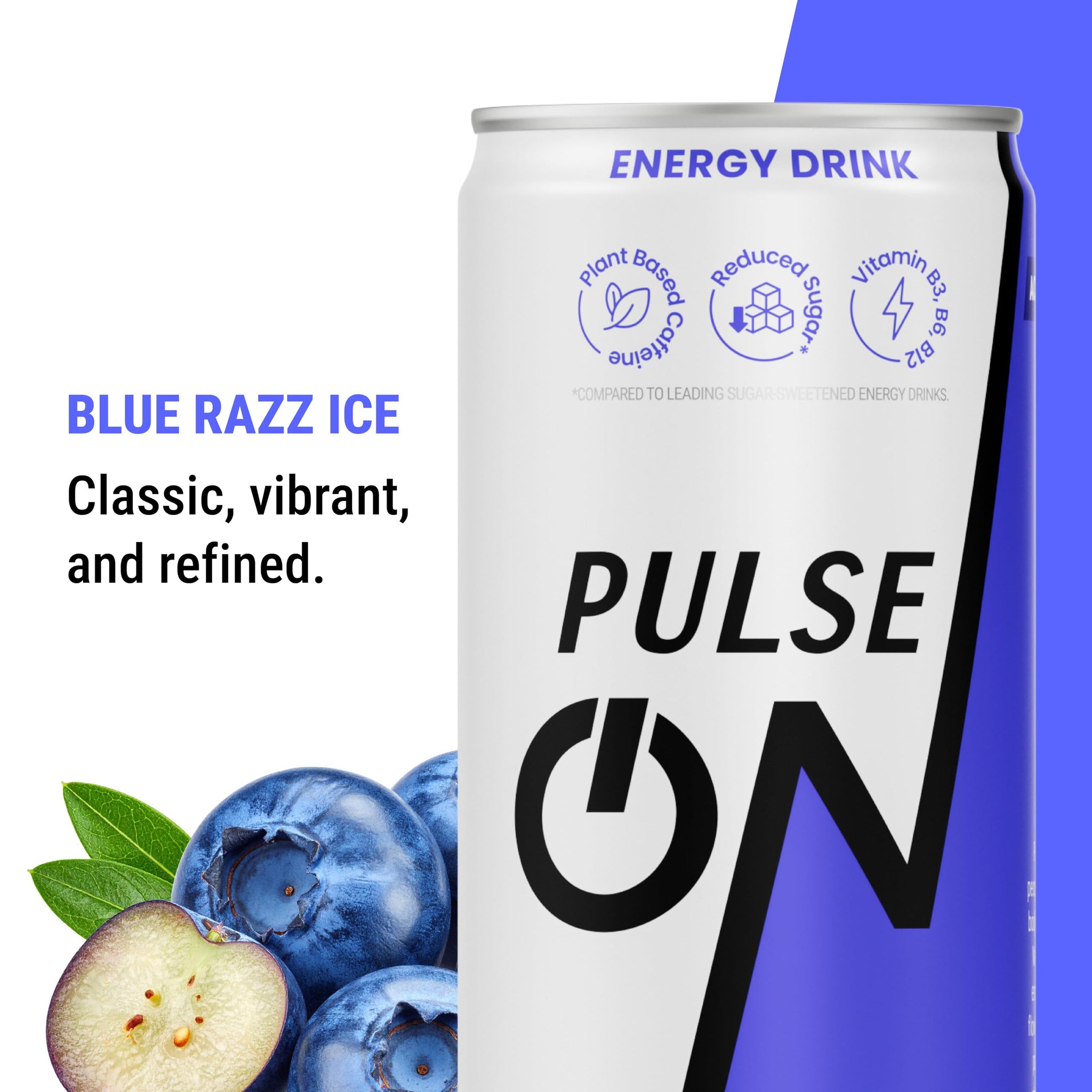 PulseOn Energy Drink- 200mg Natural Caffeine, Taurine and Vitamin B|Blue Razz Ice, Reduced Sugar 11.2 fl oz((Pack of 24)