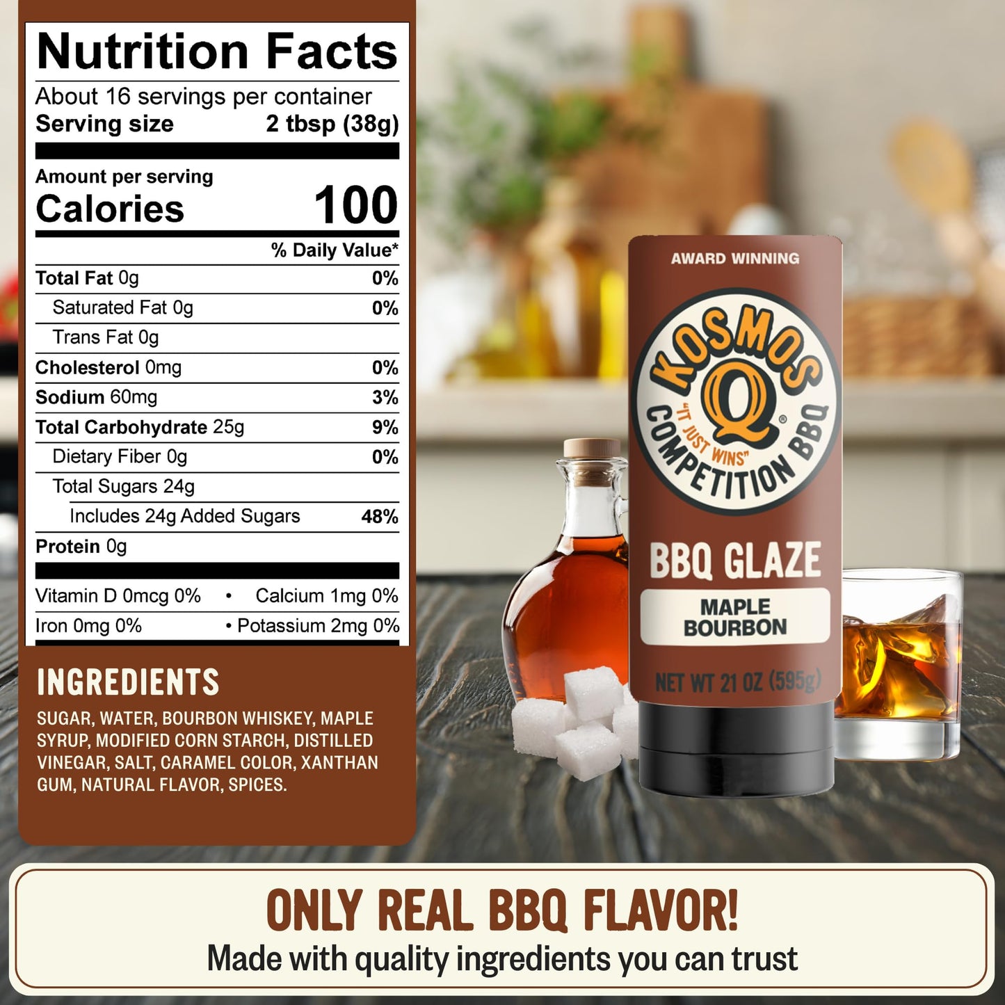 Kosmos Q Maple Bourbon BBQ Glaze, Sweet & Sticky BBQ Sauce for Ribs, Chicken, Pork, or Brisket, Competition-Ready Barbecue Glaze with Real Maple Syrup