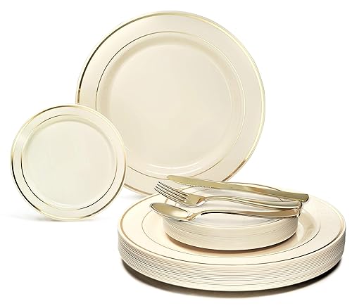 OCCASIONS 300 Pcs Set & 60 Guest Wedding Disposable Plastic Plate & Silverware Combo Set (Ivory & Gold Rim plates, Gold Silverware)