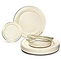 OCCASIONS 300 Pcs Set & 60 Guest Wedding Disposable Plastic Plate & Silverware Combo Set (Ivory & Gold Rim plates, Gold Silverware)