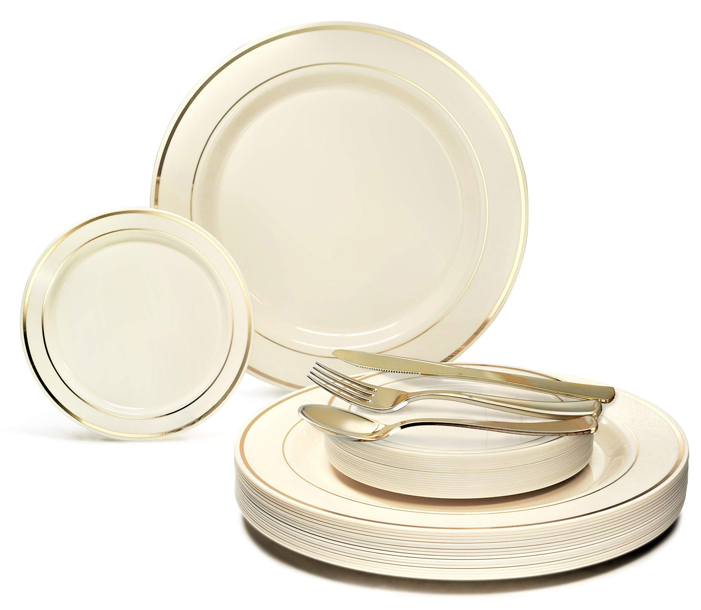 OCCASIONS 300 Pcs Set & 60 Guest Wedding Disposable Plastic Plate & Silverware Combo Set (Ivory & Gold Rim plates, Gold Silverware)