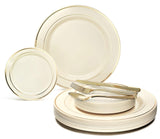 OCCASIONS 300 Pcs Set & 60 Guest Wedding Disposable Plastic Plate & Silverware Combo Set (Ivory & Gold Rim plates, Gold Silverware)