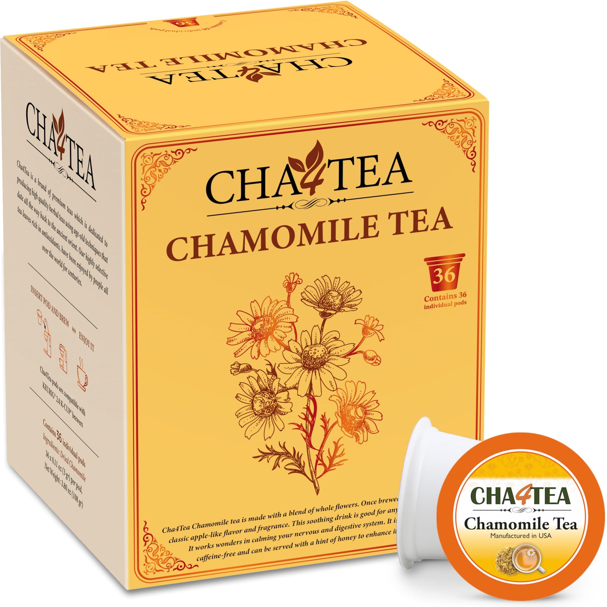 Cha4Tea 36-Count Pure Chamomile Herbal Tea Pods Compatible with Keurig Brewers - Bedtime/Sleep-Well/Nightly Calm/Relaxing Tea