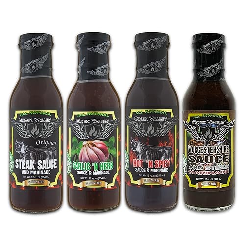 Croix Valley Sauce & Marinade Variety Pack - 4 Pack (12 oz Glass Bottles) - Steak Sauce, Worcestershire, Garlic Herb & Spicy BBQ Marinade