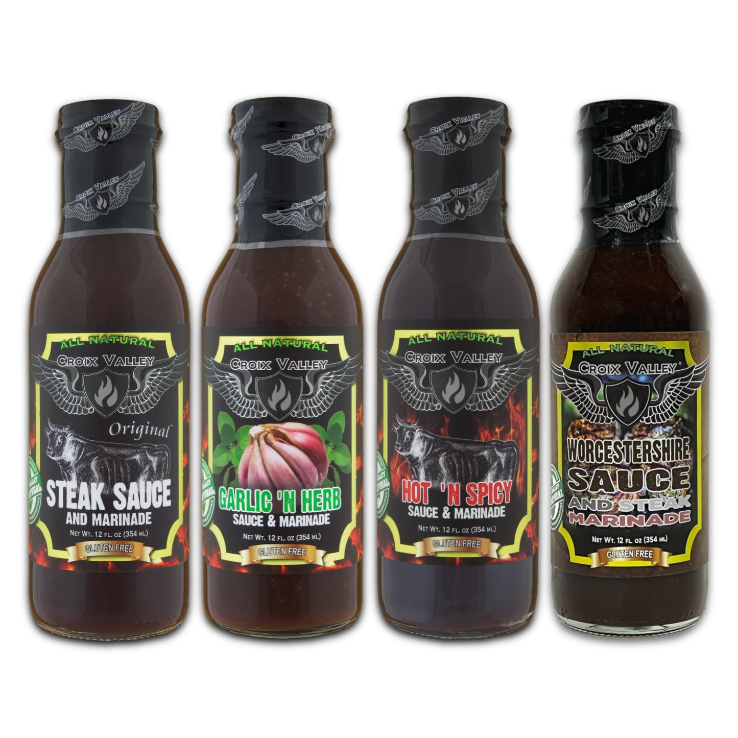 Croix Valley Sauce & Marinade Variety Pack - 4 Pack (12 oz Glass Bottles) - Steak Sauce, Worcestershire, Garlic Herb & Spicy BBQ Marinade