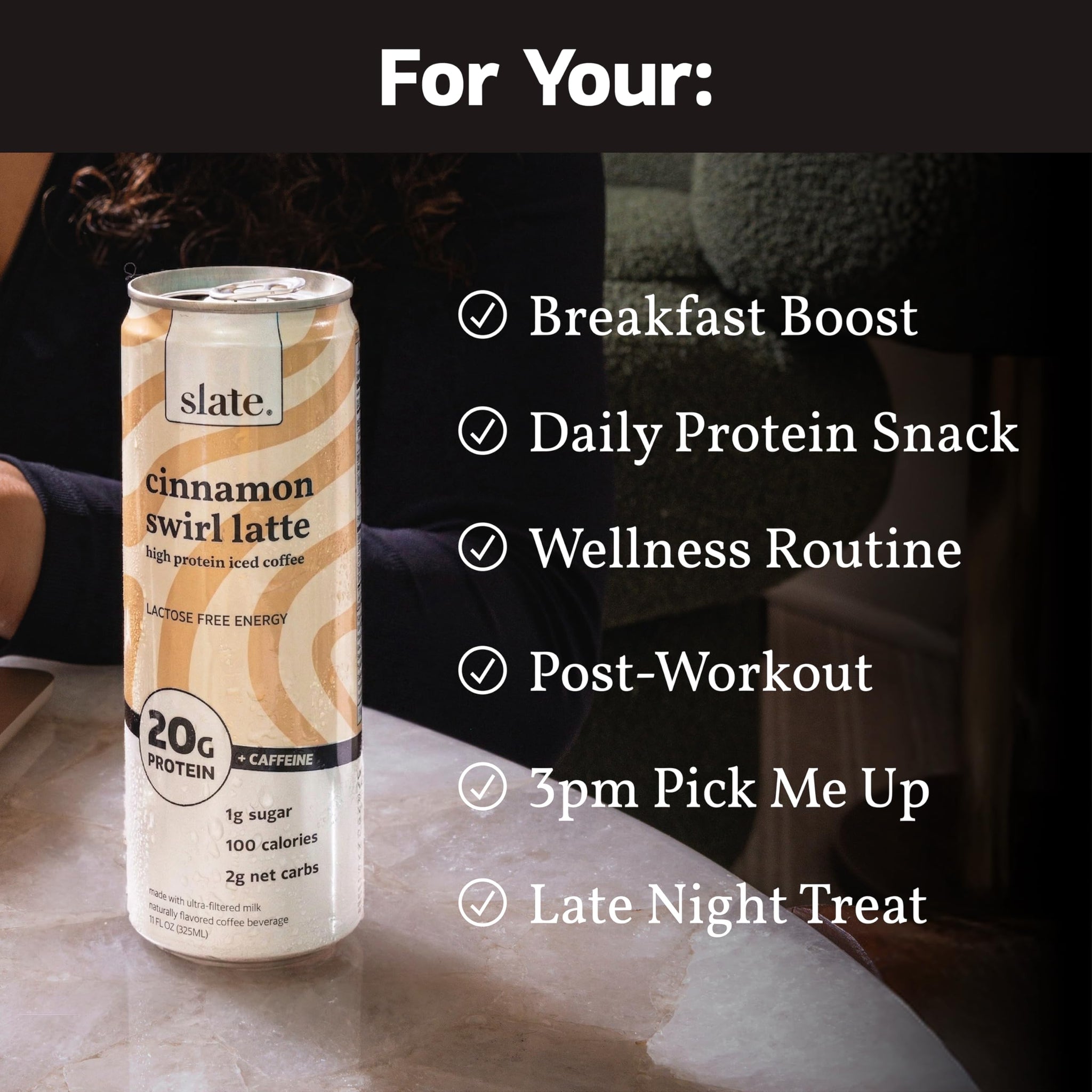 Slate Milk - High Protein Iced Coffee - Cinnamon Swirl Latte - 175mg Caffeine, Lactose Free Energy - 20g Protein, 1g Sugar, 100 Calories, 2g Net