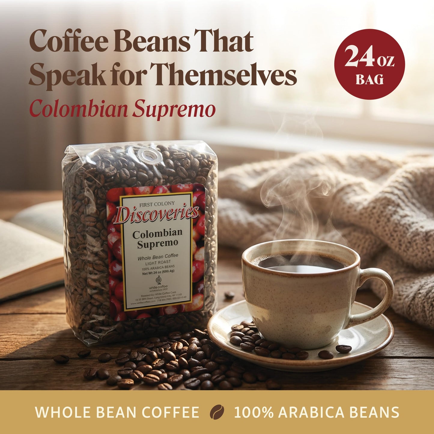 First Colony Colombian Whole Bean Coffee, Colombian Supremo, Light Roast, 100% Arabica Beans, 24oz Bag, Mild Chocolate & Nutty Flavor for Home Brewers