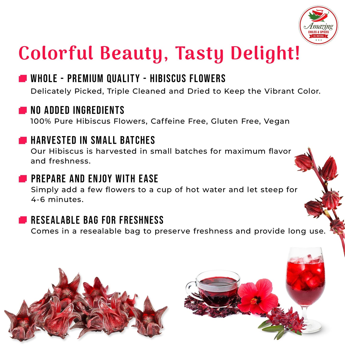 Hibiscus Flowers 1lb (16oz) - All Natural, Triple Cleaned - Whole Soft Flowers and Petals - Flor de Jamaica. Great for Hot or Iced Tea and Agua