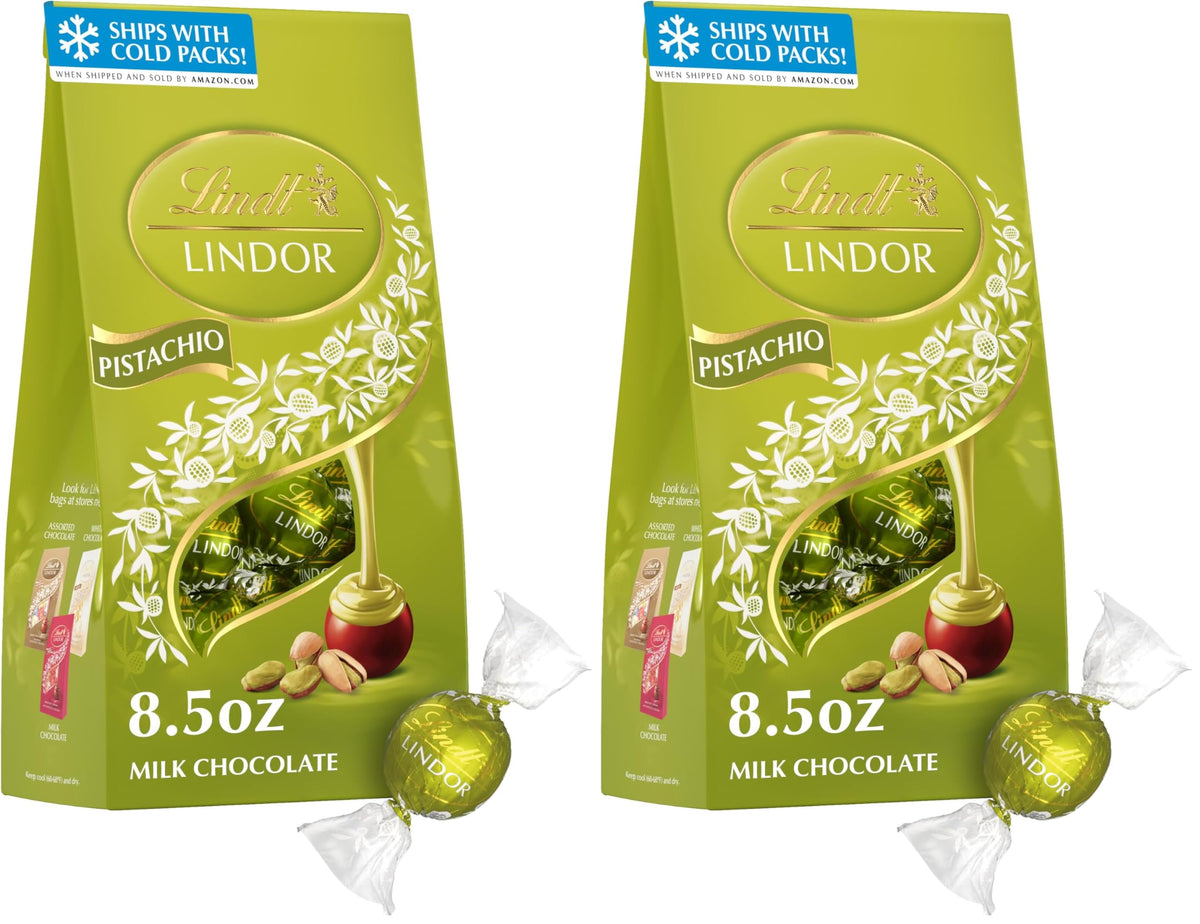 Lindt LINDOR Pistachio Milk Chocolate Candy Truffles, 8.5 oz. Bag (Pack of 2)