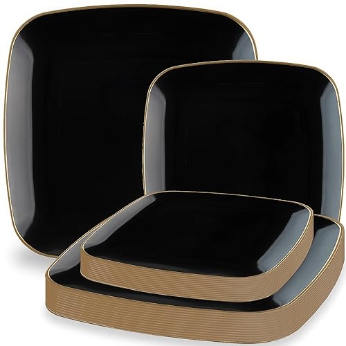 Blue Sky Organic Black Square Plates Combo (32 Count) | Premium Plastic Plates: 7.25" & 10" | Gold-Rimmed Disposable Dinnerware Party Essentials