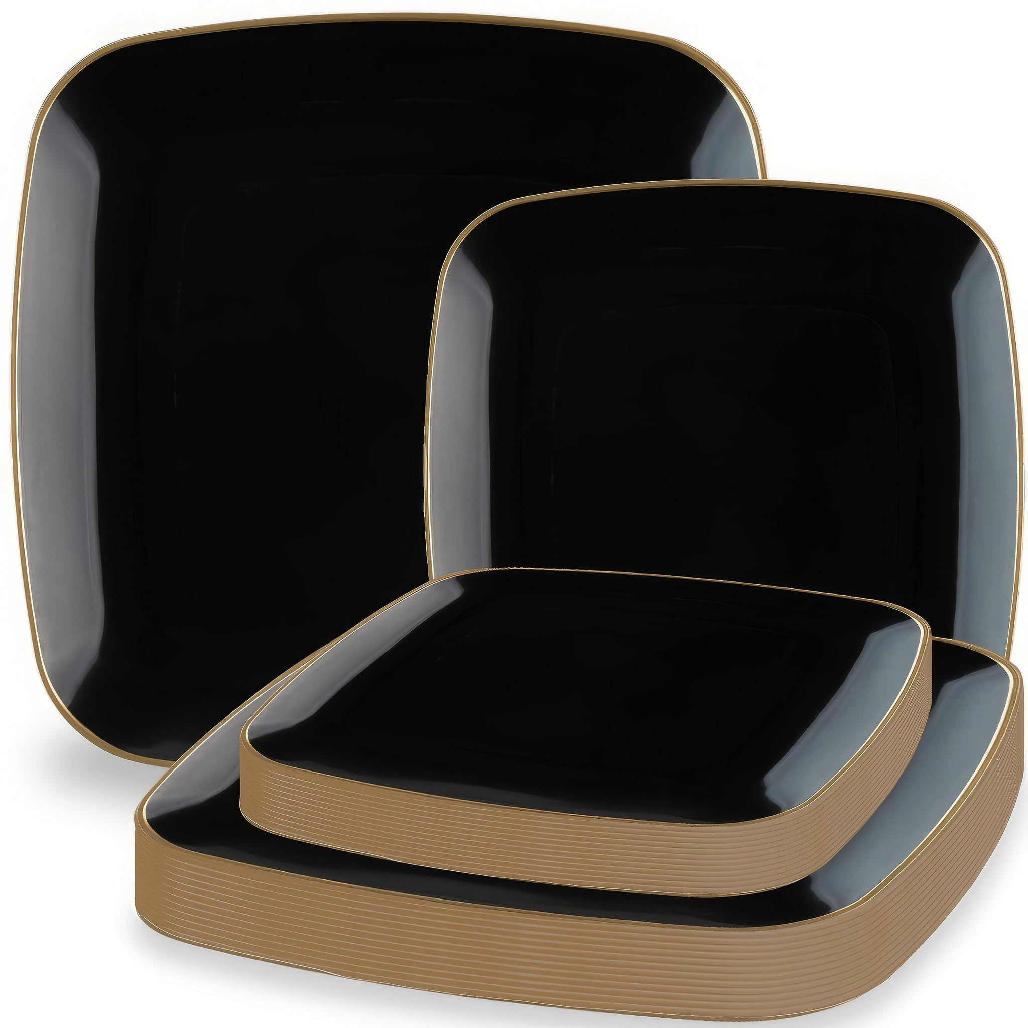Blue Sky Organic Black Square Plates Combo (32 Count) | Premium Plastic Plates: 7.25" & 10" | Gold-Rimmed Disposable Dinnerware Party Essentials