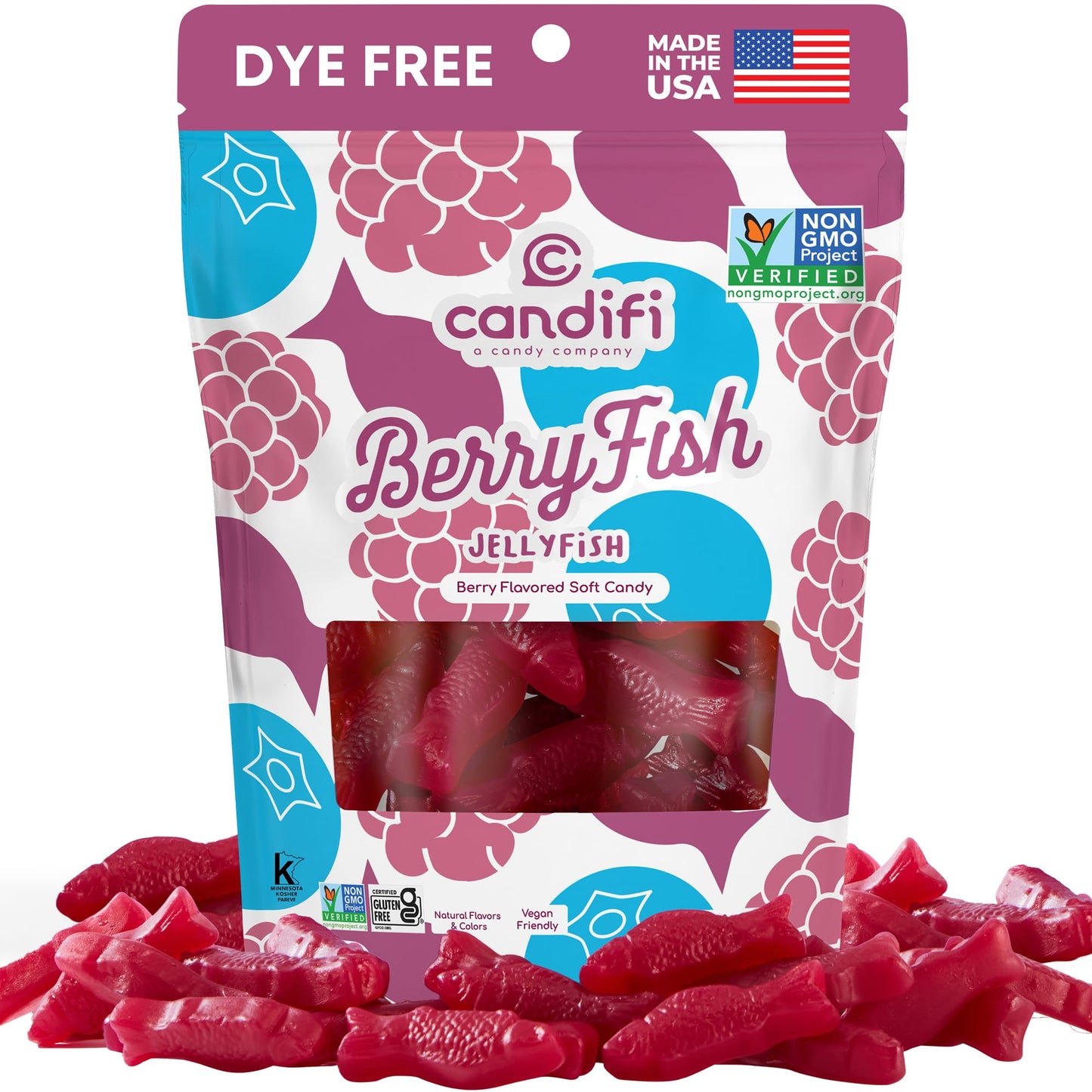 Candifi Dye Free Candy (8 oz) - BerryFish Gummy Fish Candy - Non GMO - Berry Flavored Swedish Style Fish Gummies Made with Only Natural Colors