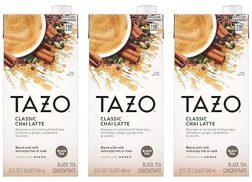 Tazo Classic Chai Latte Concentrate, Spiced Black Tea Blend, 32 oz (Pack of 3) - Packaged by Peaceful Squirrel
