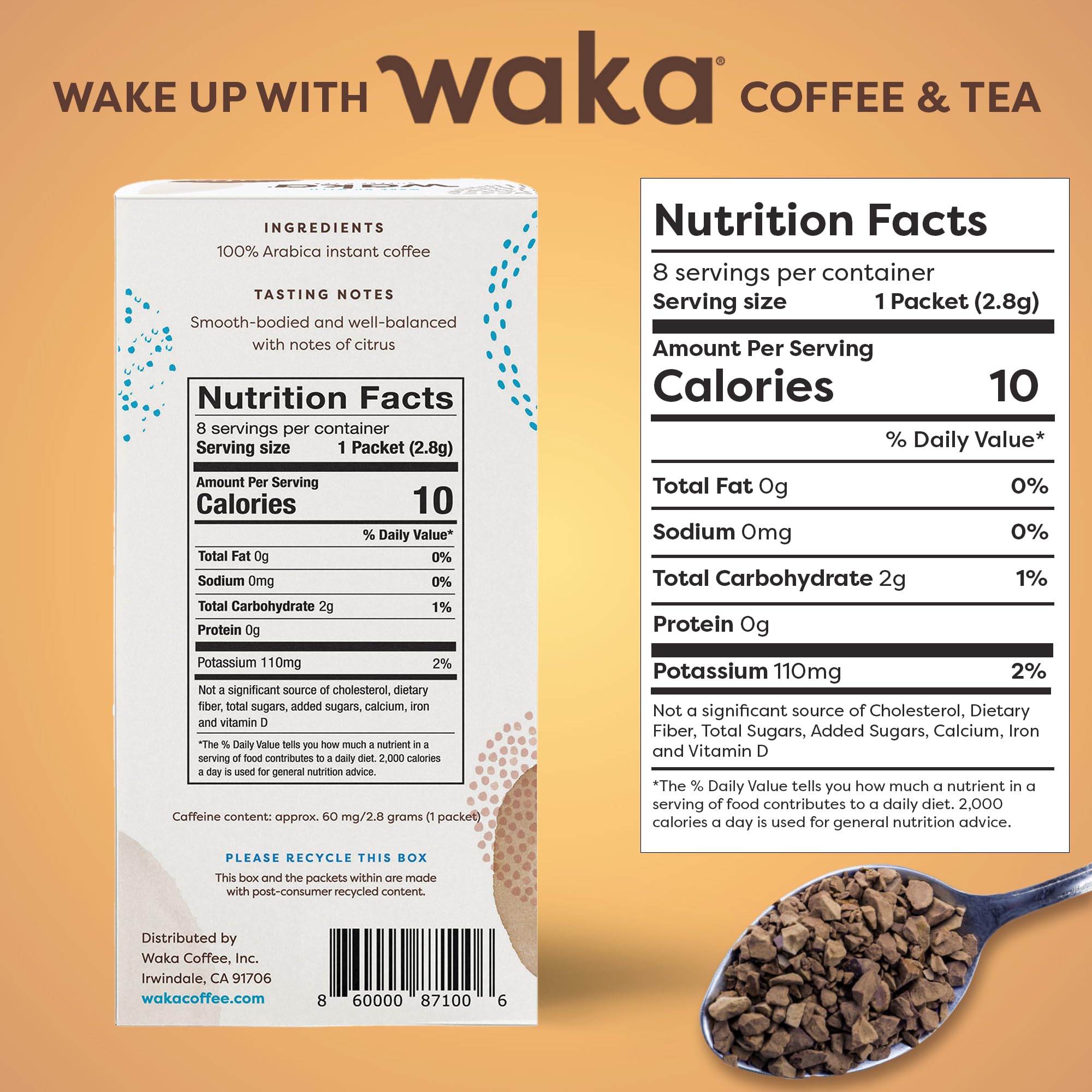 Waka Premium Instant Coffee Sachets - 100% Arabica Freeze Dried Beans - For Hot or Iced Coffee (8 Count, Medium Roast)